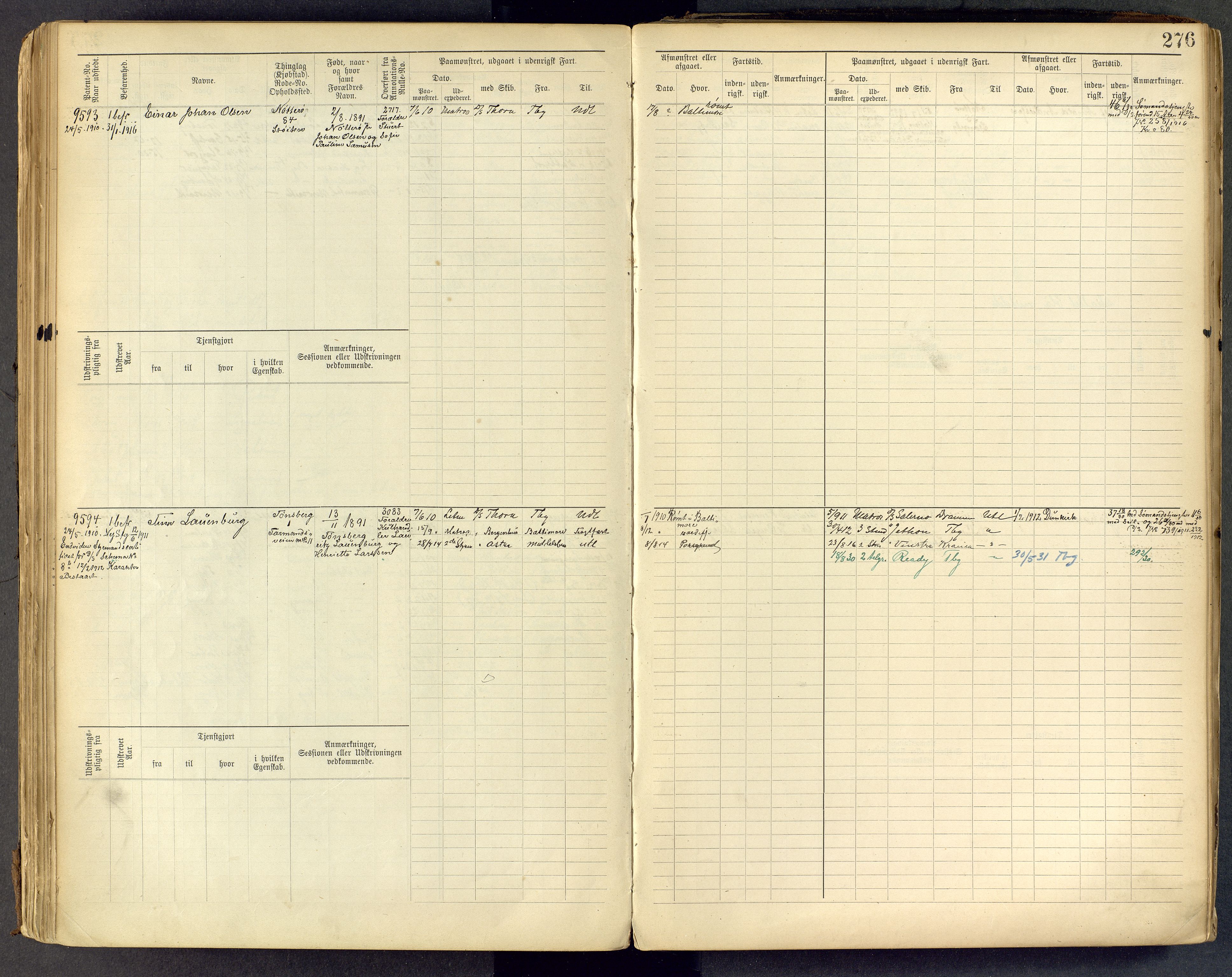 Tønsberg innrulleringskontor, AV/SAKO-A-786/F/Fc/Fcb/L0009: Hovedrulle Patent nr. 9043-9992, 1900-1921, p. 276