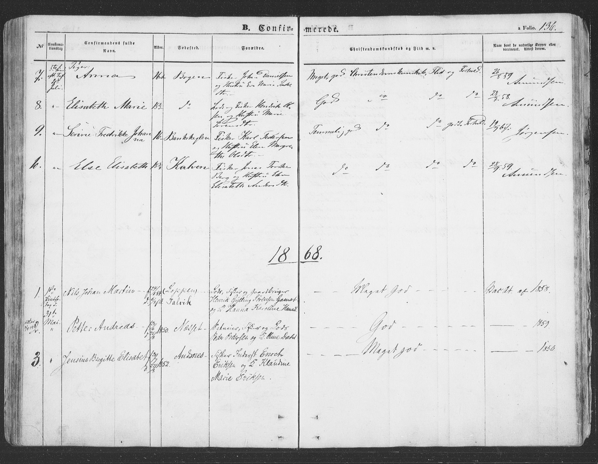 Loppa sokneprestkontor, SATØ/S-1339/H/Ha/L0004kirke: Parish register (official) no. 4, 1849-1868, p. 136