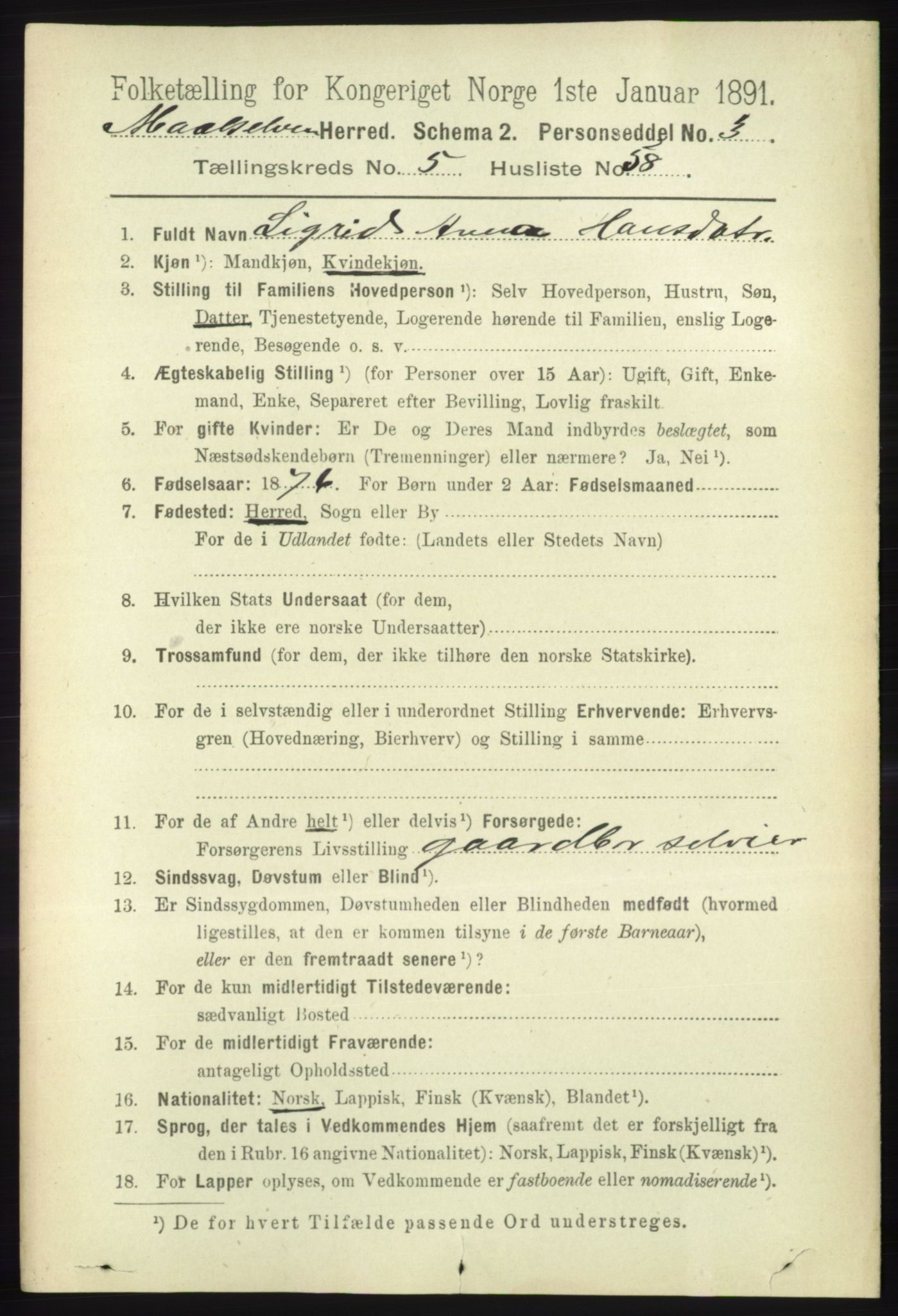 RA, 1891 census for 1924 Målselv, 1891, p. 2001