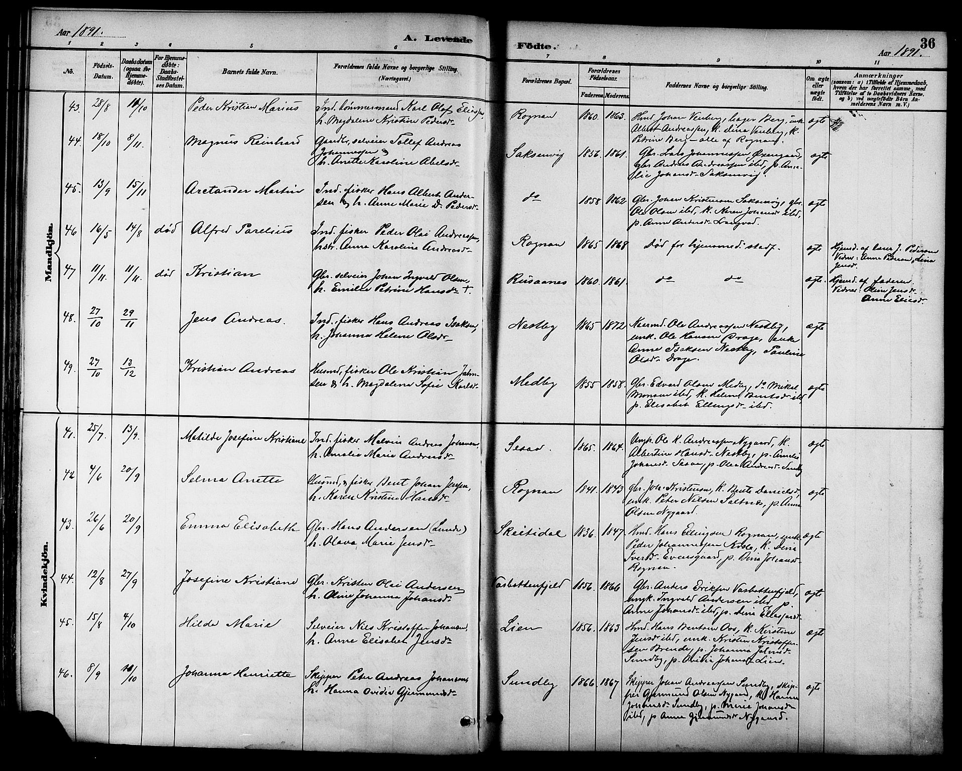 Ministerialprotokoller, klokkerbøker og fødselsregistre - Nordland, AV/SAT-A-1459/847/L0669: Parish register (official) no. 847A09, 1887-1901, p. 36