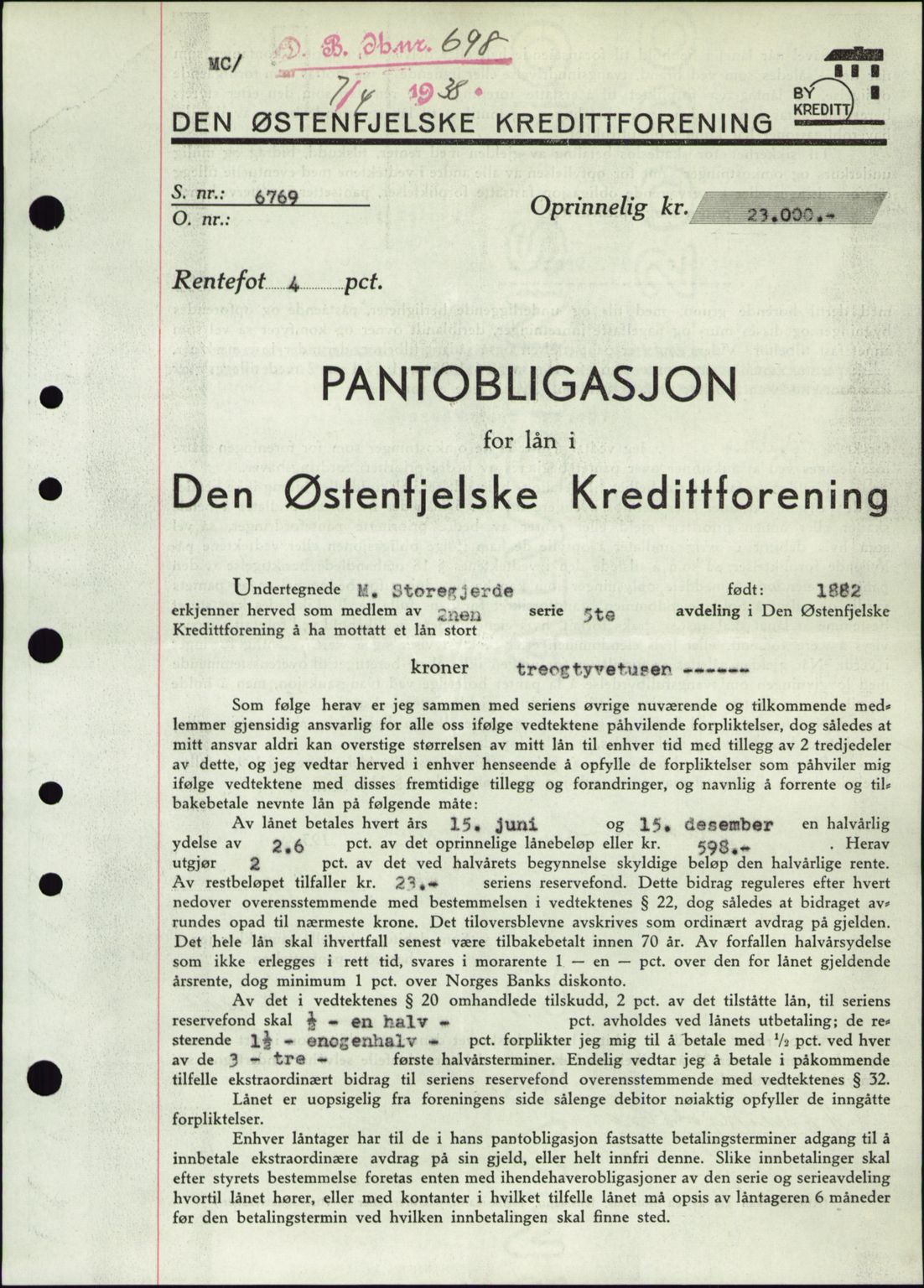 Drammen byfogd, SAKO/A-222/G/Ga/Gad/L0002: Mortgage book no. B2, 1936-1939, Diary no: : 698/1938