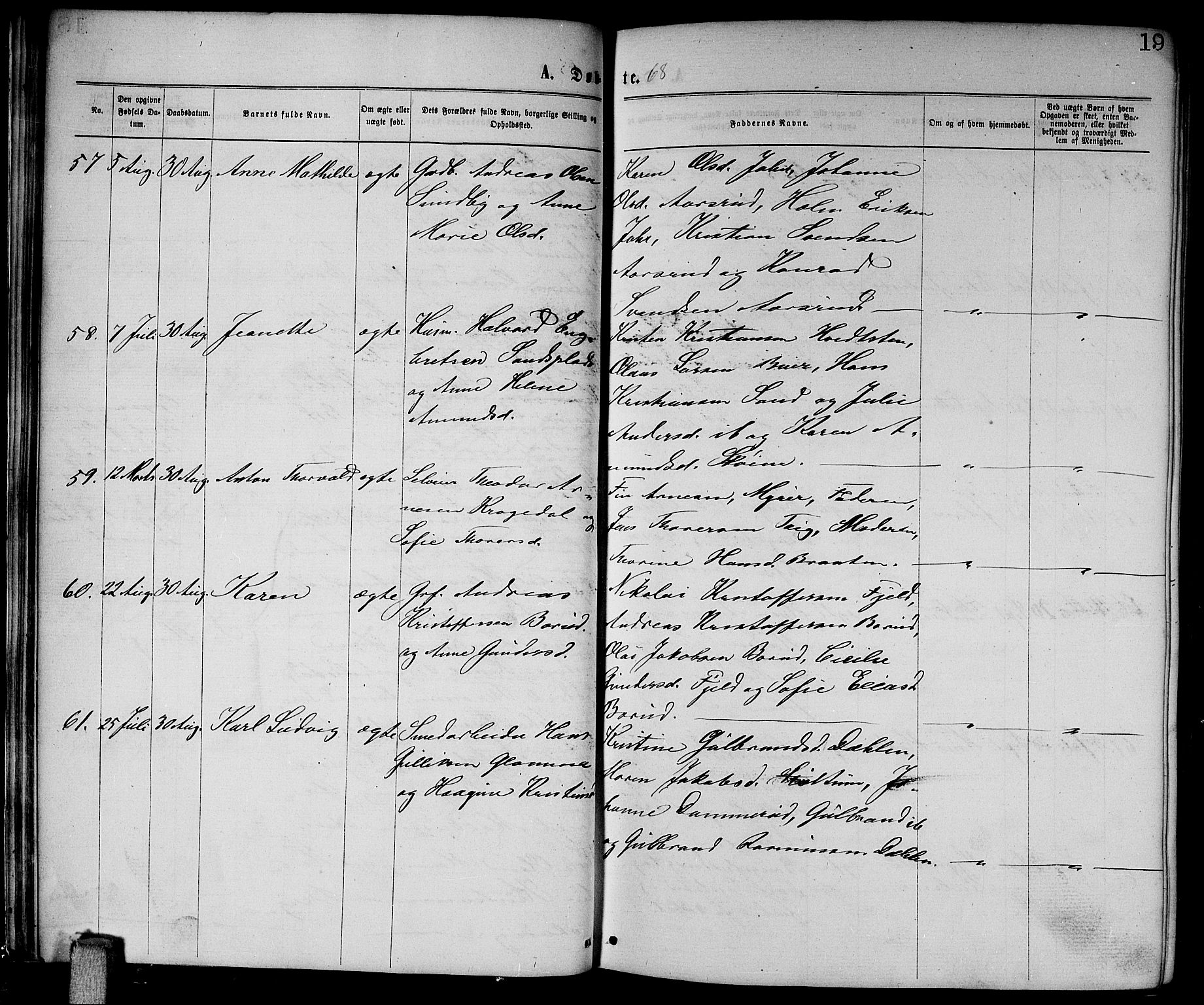 Enebakk prestekontor Kirkebøker, AV/SAO-A-10171c/G/Ga/L0005: Parish register (copy) no. I 5, 1867-1888, p. 19