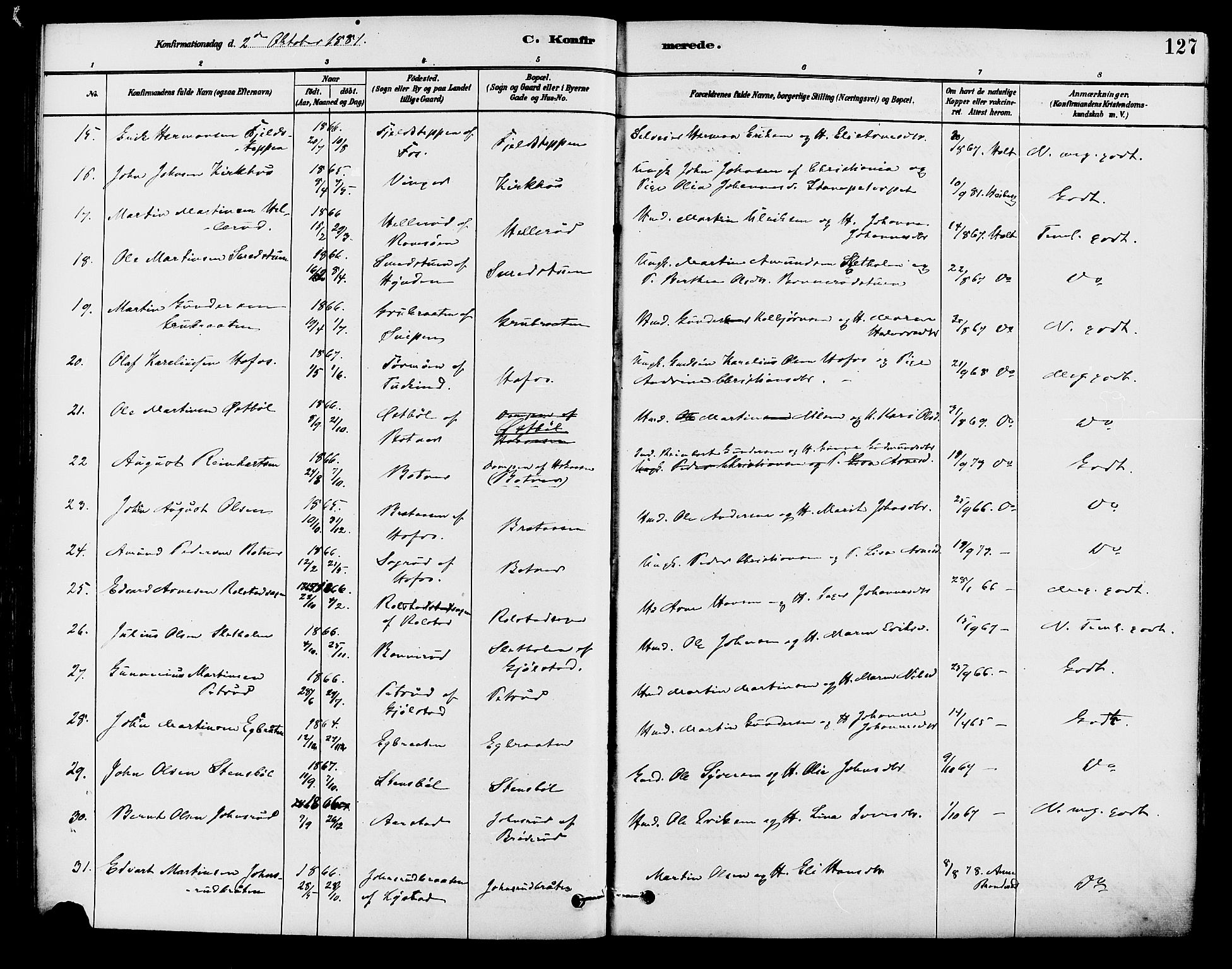 Brandval prestekontor, AV/SAH-PREST-034/H/Ha/Haa/L0002: Parish register (official) no. 2, 1880-1894, p. 127