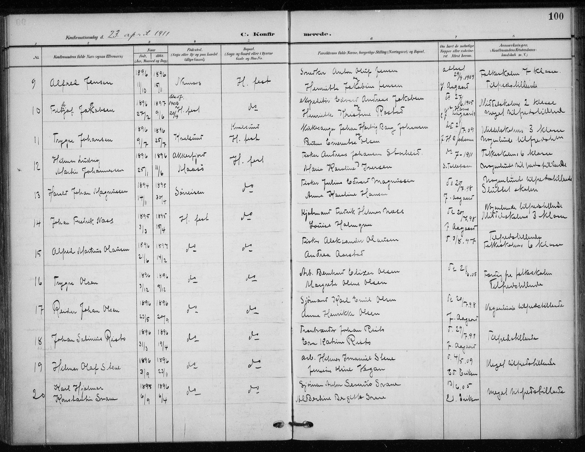 Hammerfest sokneprestkontor, SATØ/S-1347/H/Ha/L0014.kirke: Parish register (official) no. 14, 1906-1916, p. 100