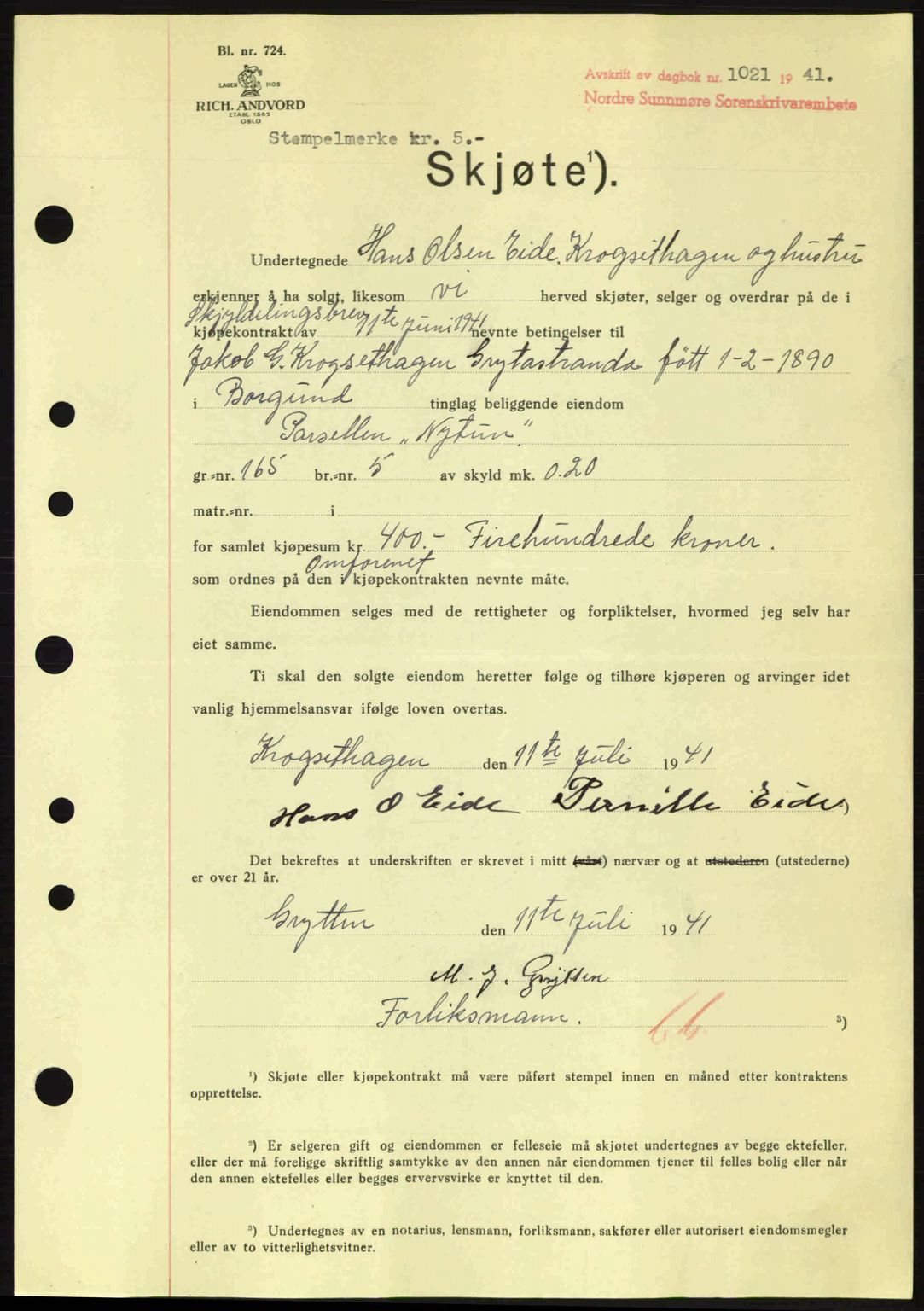 Nordre Sunnmøre sorenskriveri, AV/SAT-A-0006/1/2/2C/2Ca: Mortgage book no. A11, 1941-1941, Diary no: : 1021/1941