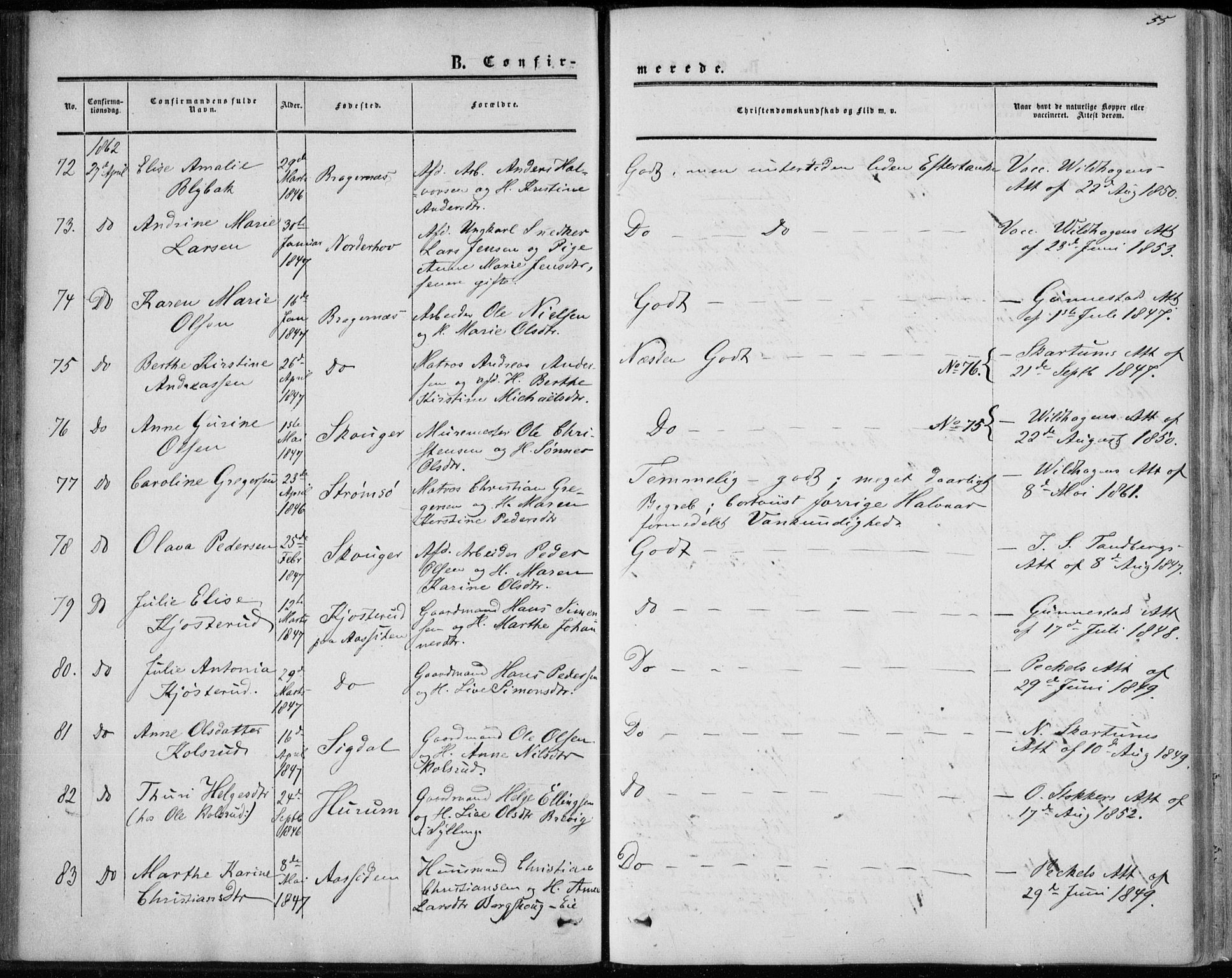 Bragernes kirkebøker, AV/SAKO-A-6/F/Fc/L0002: Parish register (official) no. III 2, 1854-1865, p. 55