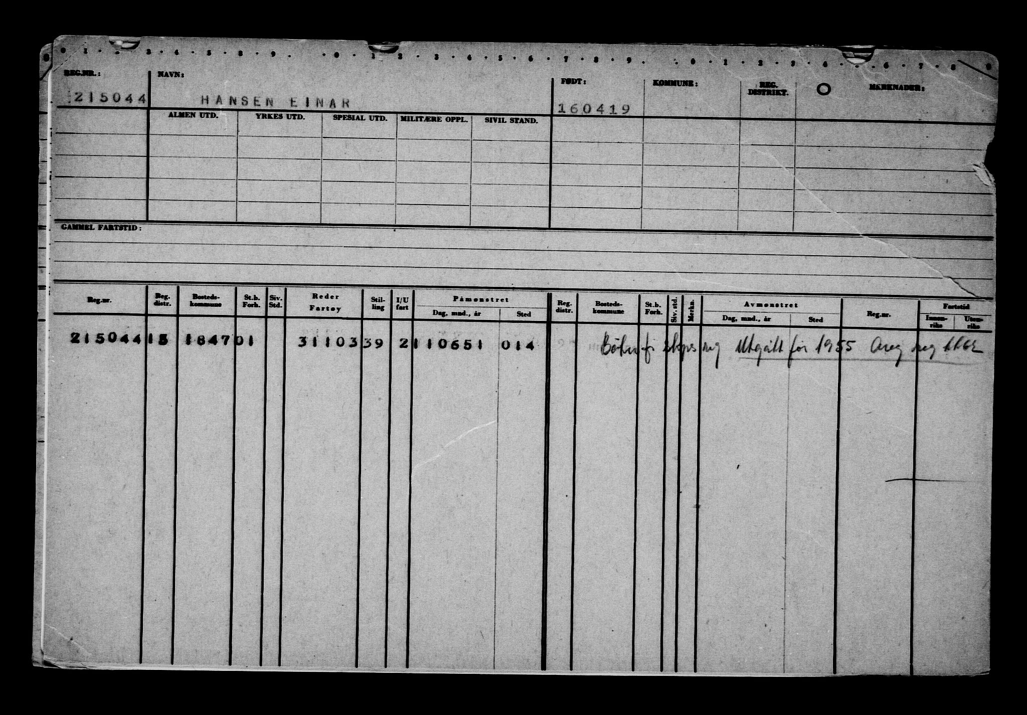 Direktoratet for sjømenn, RA/S-3545/G/Gb/L0168: Hovedkort, 1919, p. 47