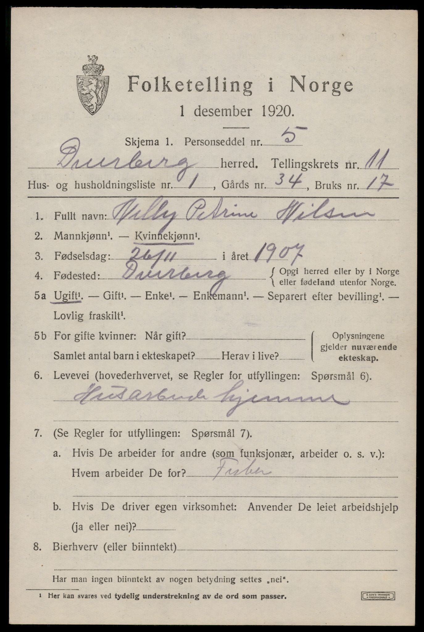 SAT, 1920 census for Dverberg, 1920, p. 8782