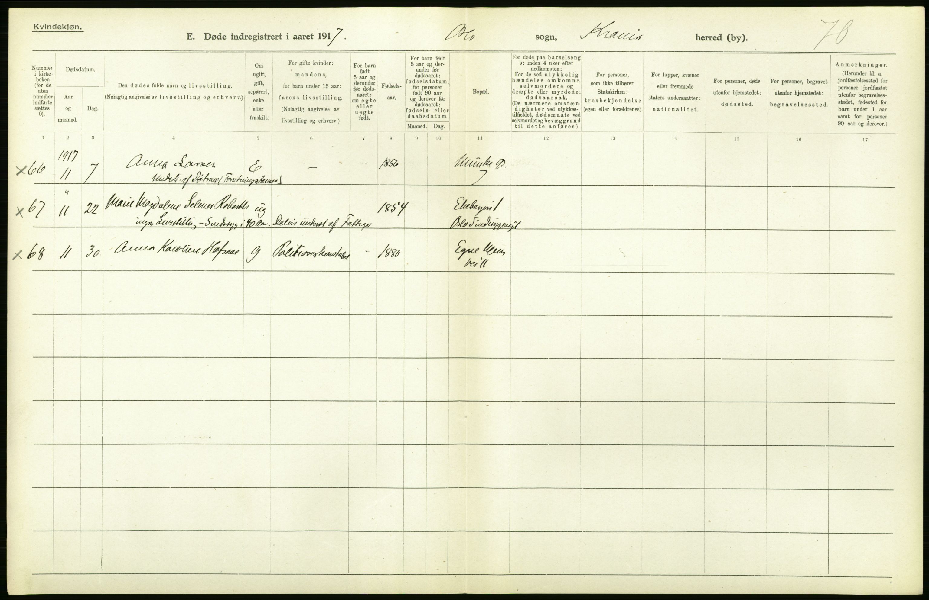 Statistisk sentralbyrå, Sosiodemografiske emner, Befolkning, RA/S-2228/D/Df/Dfb/Dfbg/L0011: Kristiania: Døde, dødfødte., 1917, p. 172