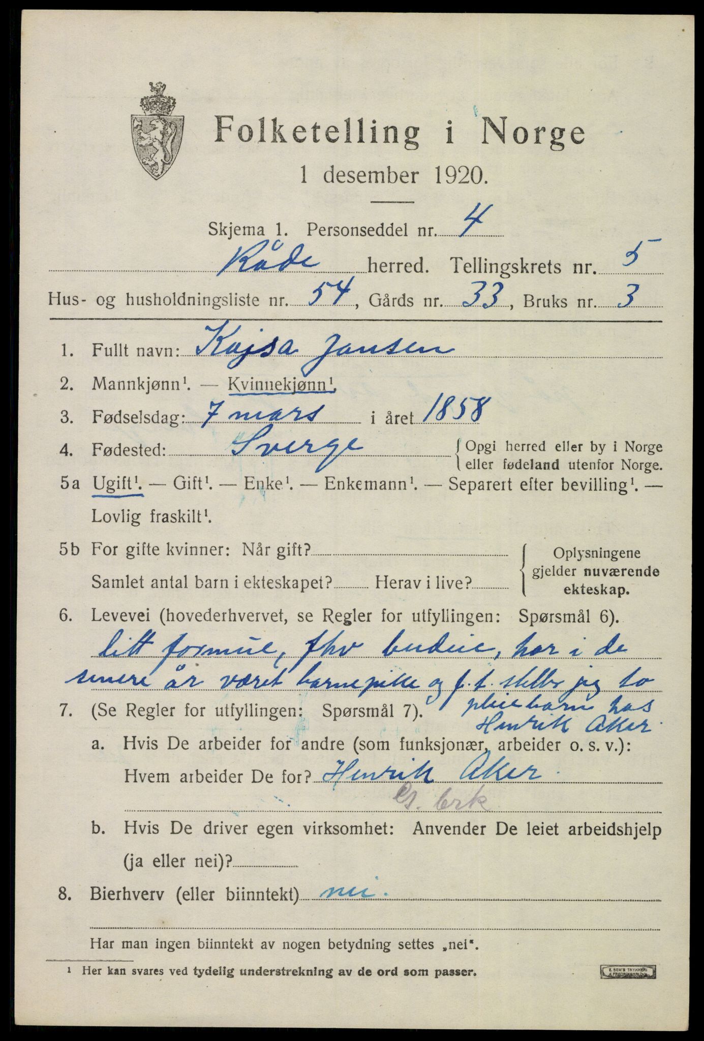 SAO, 1920 census for Råde, 1920, p. 5487