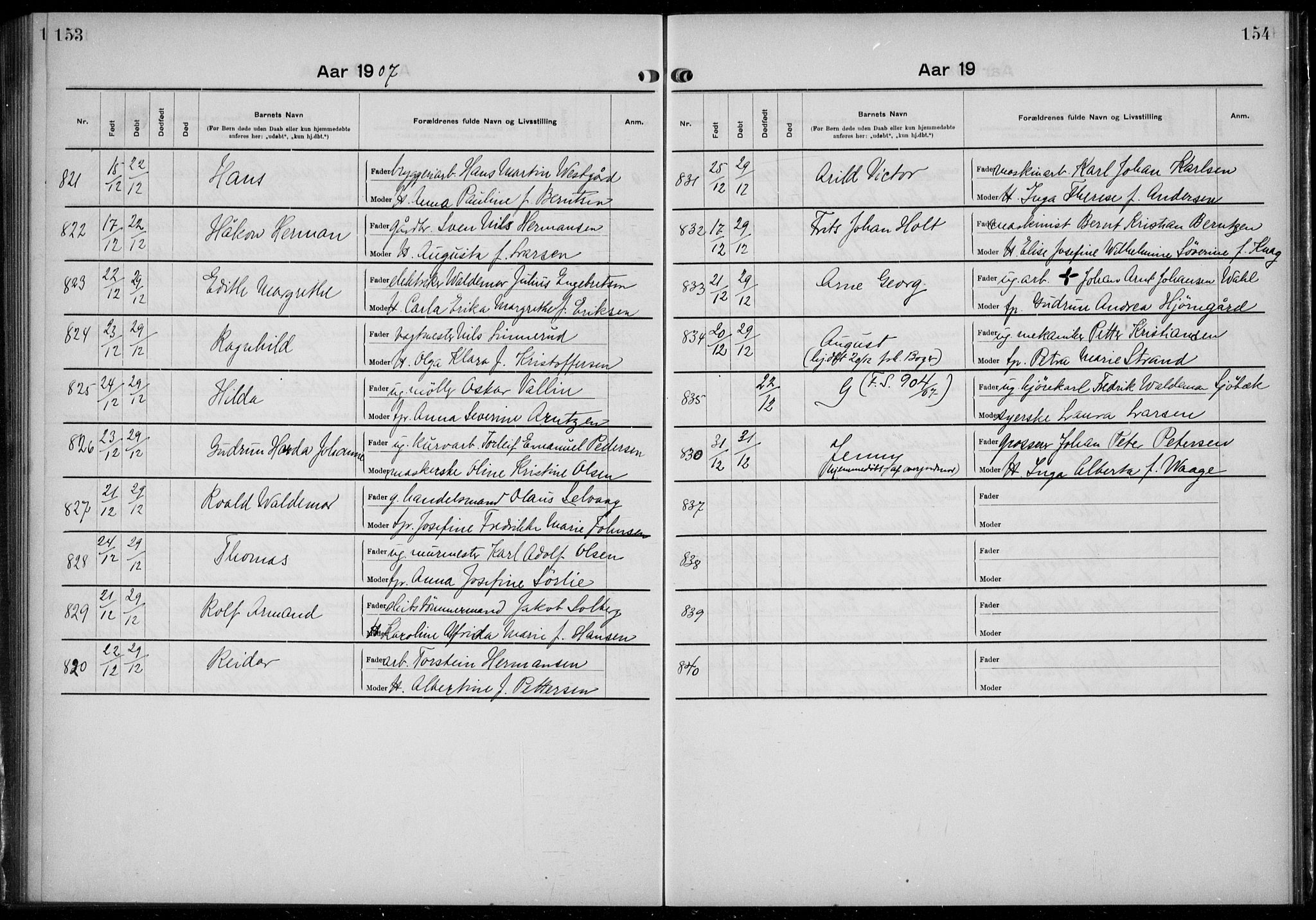 Rikshospitalet prestekontor Kirkebøker, AV/SAO-A-10309b/K/L0006/0002: Baptism register no. 6.2, 1906-1908, p. 153-154