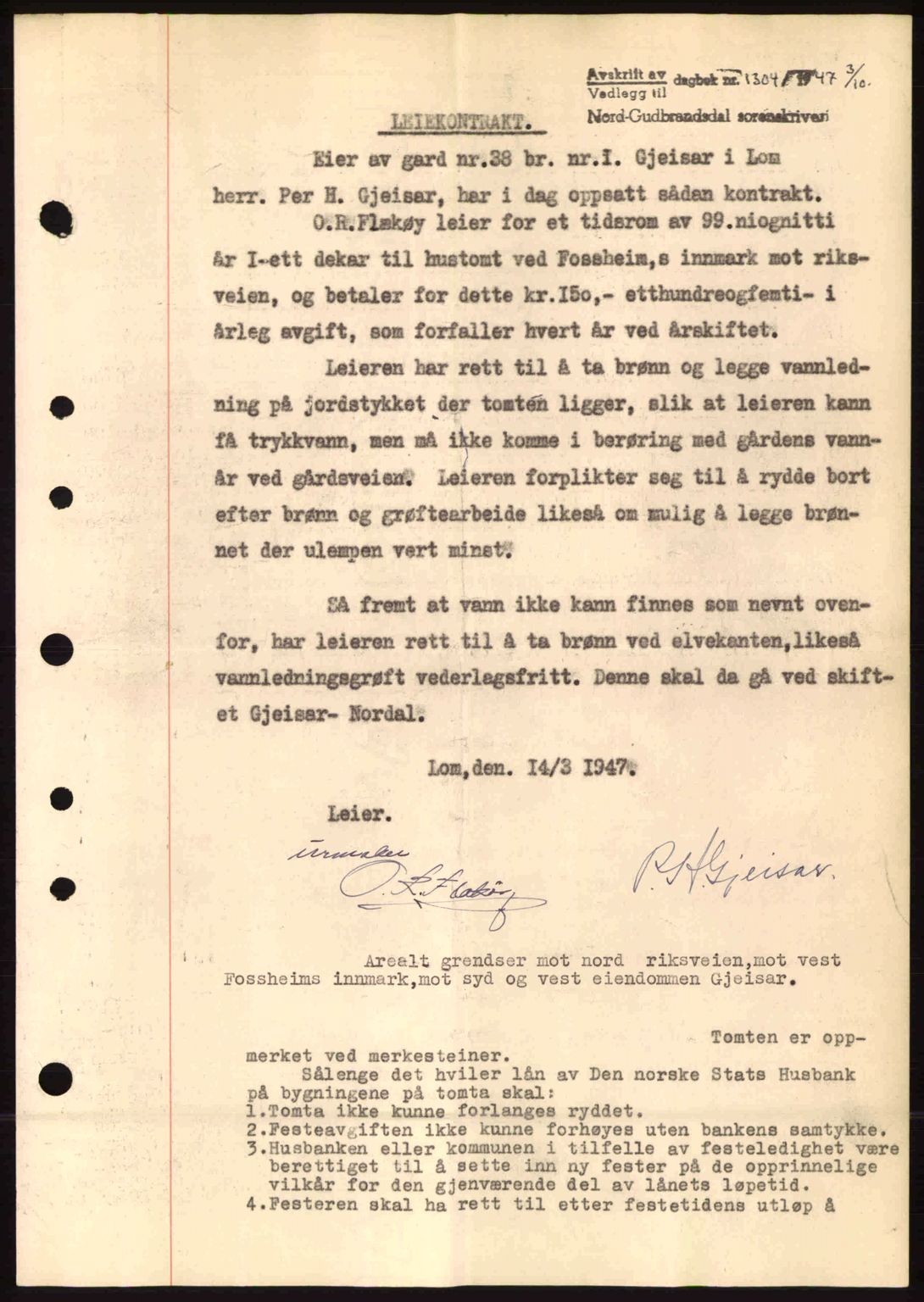Nord-Gudbrandsdal tingrett, AV/SAH-TING-002/H/Hb/Hbb/L0018: Mortgage book no. FA18, 1947-1947, Diary no: : 1304/1947