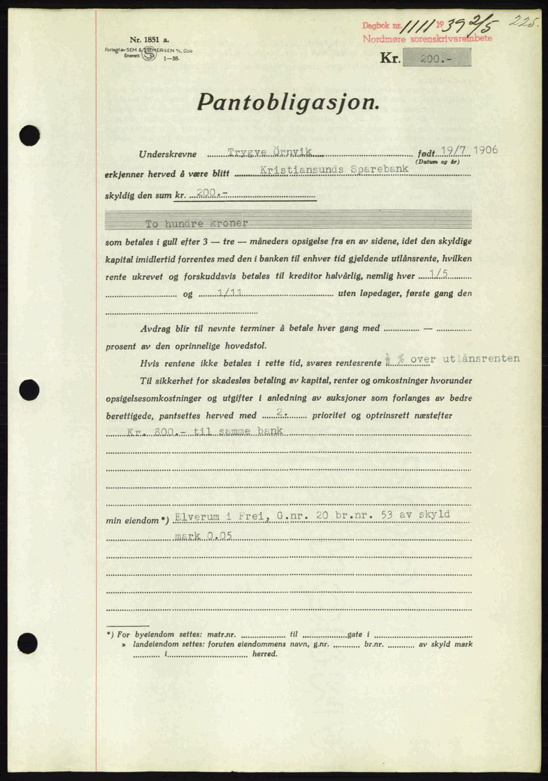 Nordmøre sorenskriveri, AV/SAT-A-4132/1/2/2Ca: Mortgage book no. B85, 1939-1939, Diary no: : 1111/1939