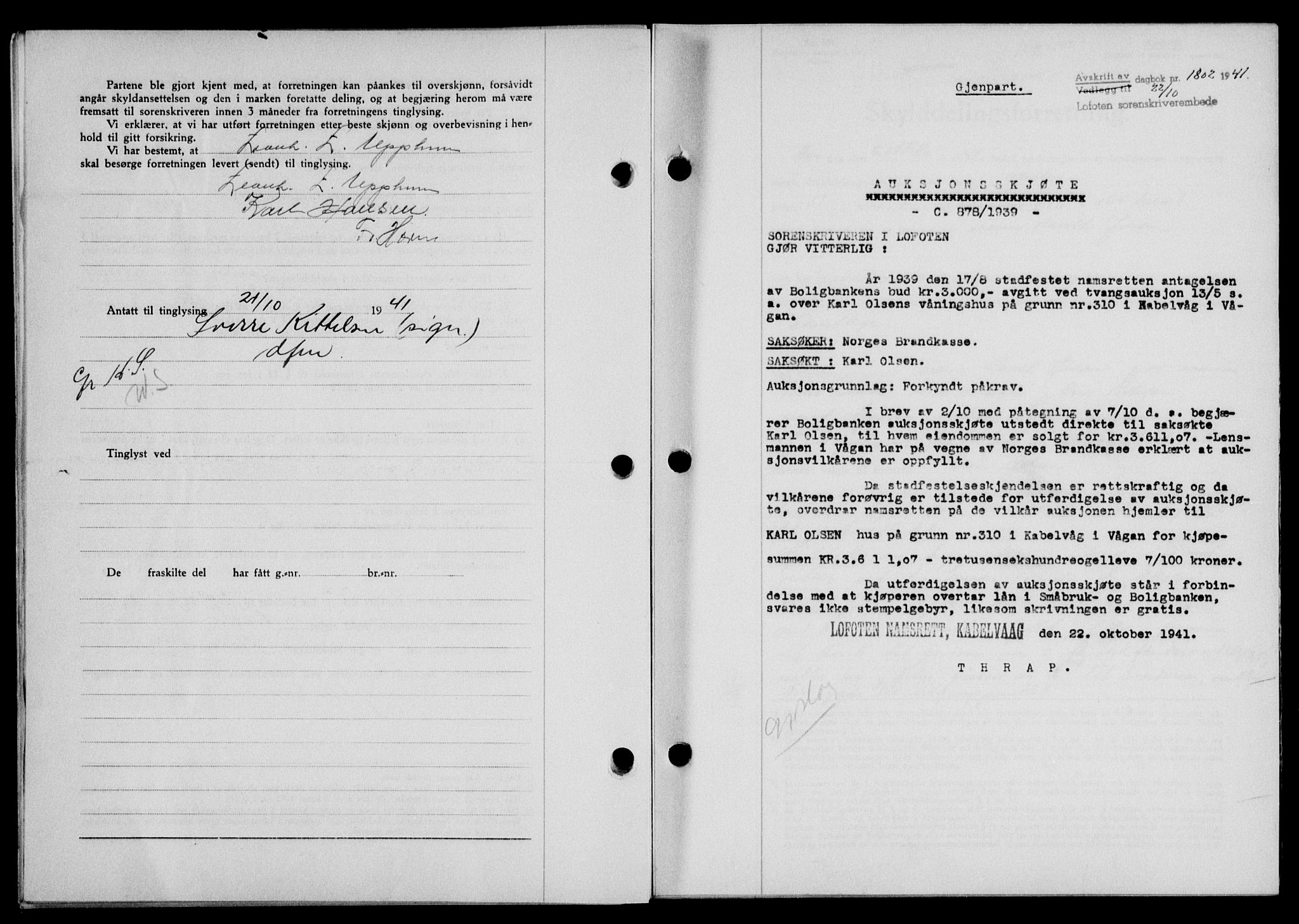 Lofoten sorenskriveri, SAT/A-0017/1/2/2C/L0009a: Mortgage book no. 9a, 1941-1942, Diary no: : 1802/1941