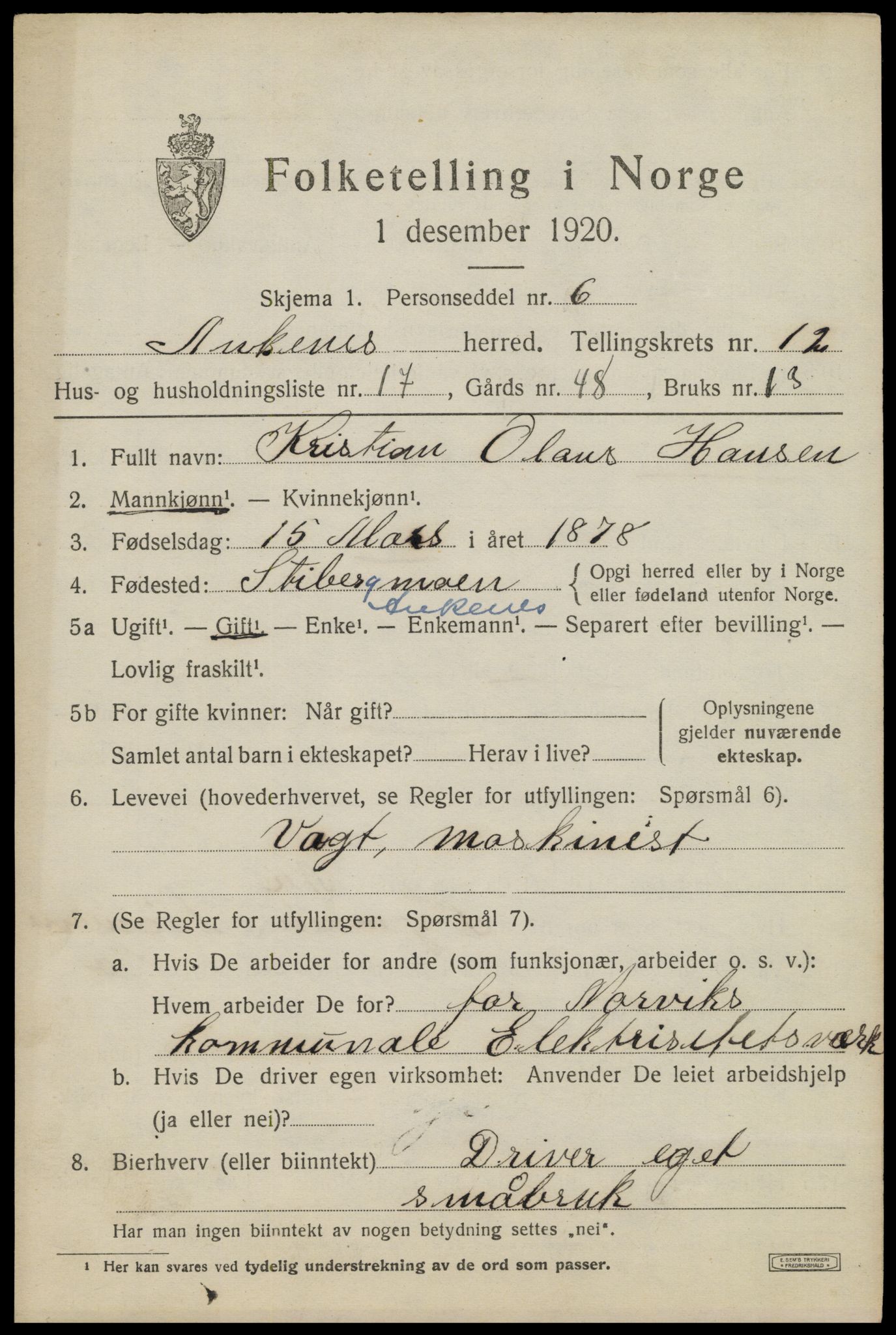 SAT, 1920 census for Ankenes, 1920, p. 6607