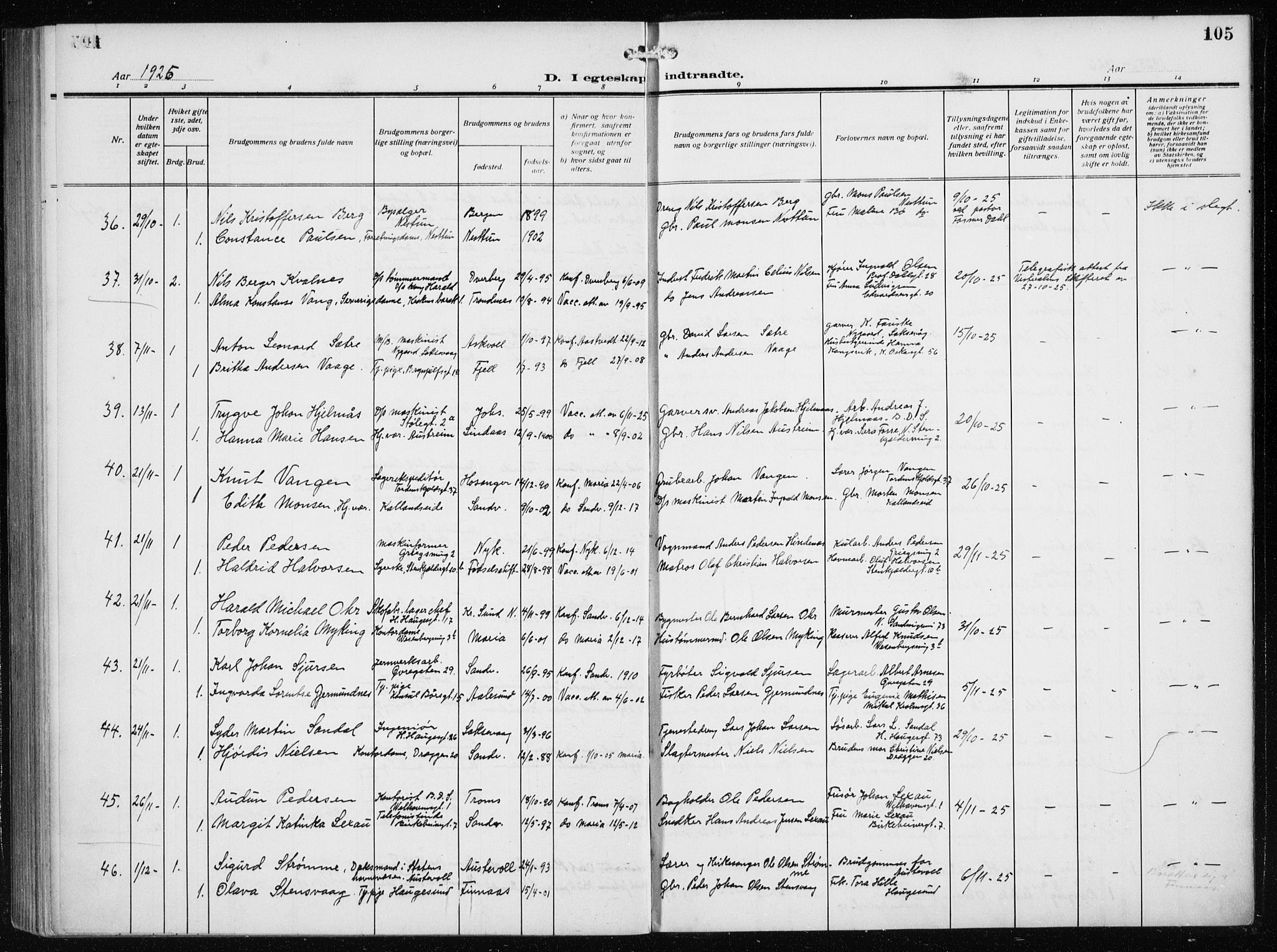 Mariakirken Sokneprestembete, AV/SAB-A-76901/H/Haa/L0015: Parish register (official) no. C 3, 1913-1927, p. 105