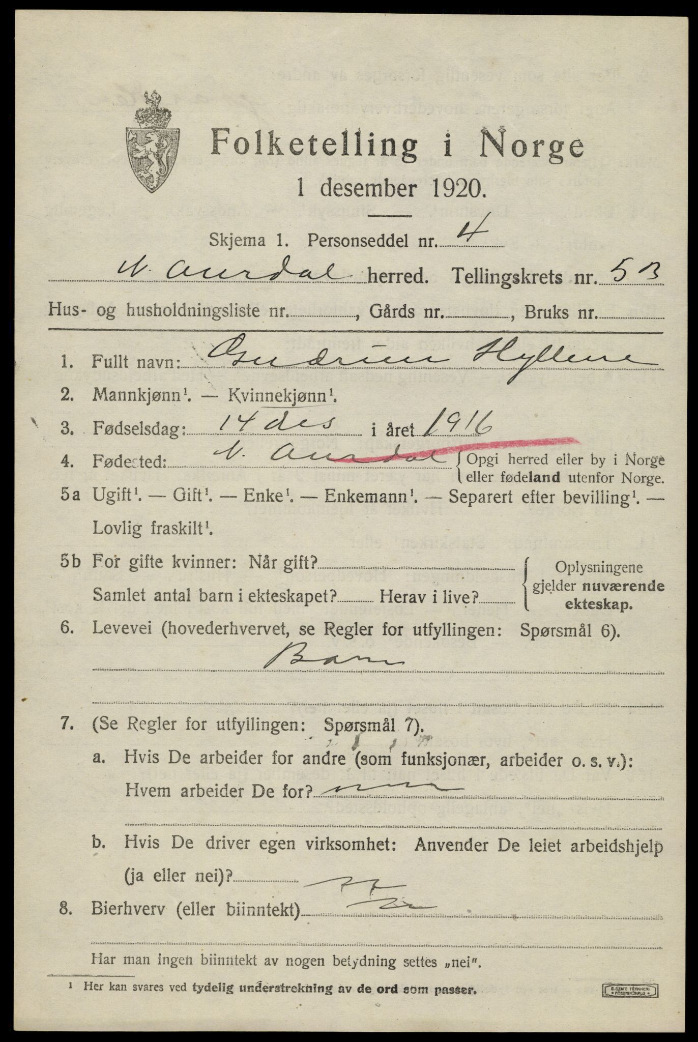 SAH, 1920 census for Nord-Aurdal, 1920, p. 5170