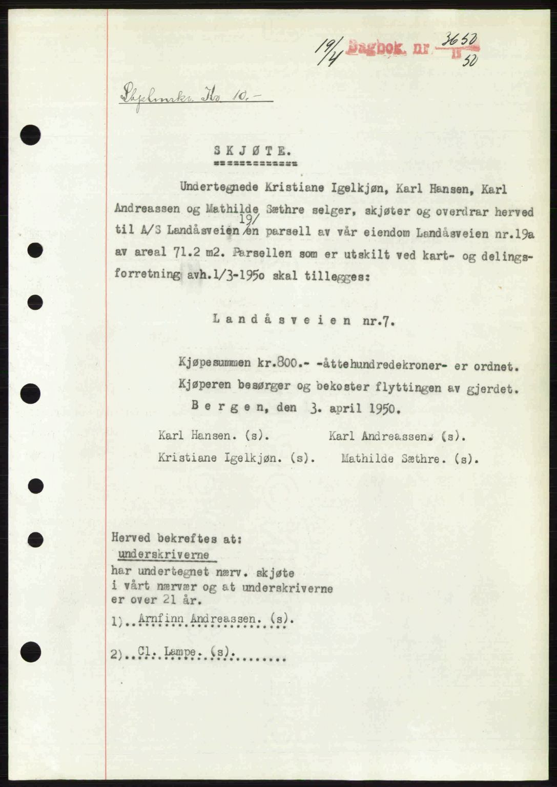 Byfogd og Byskriver i Bergen, AV/SAB-A-3401/03/03Bc/L0032: Mortgage book no. A26, 1950-1950, Diary no: : 3650/1950