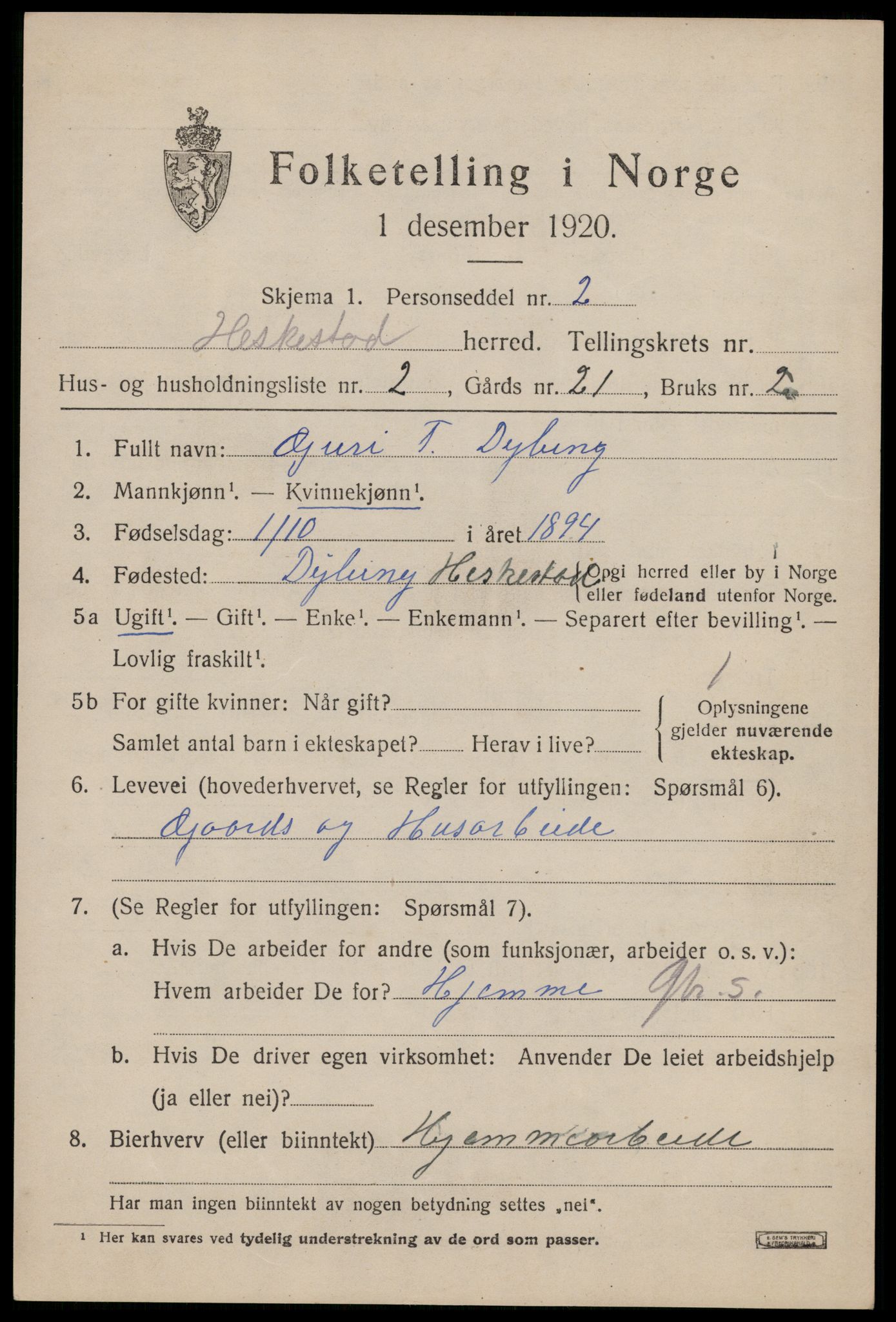 SAST, 1920 census for Heskestad, 1920, p. 2013