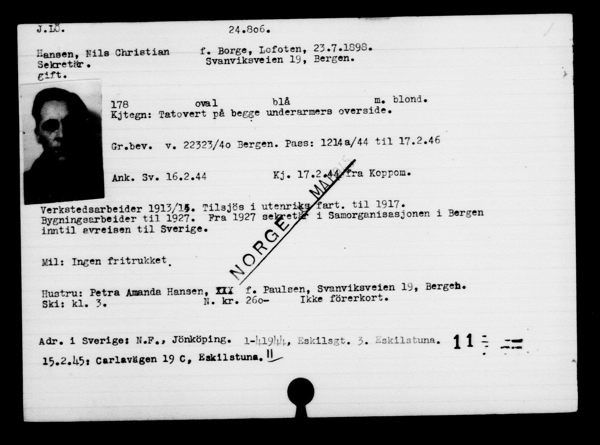 Den Kgl. Norske Legasjons Flyktningskontor, RA/S-6753/V/Va/L0010: Kjesäterkartoteket.  Flyktningenr. 22000-25314, 1940-1945, p. 2948