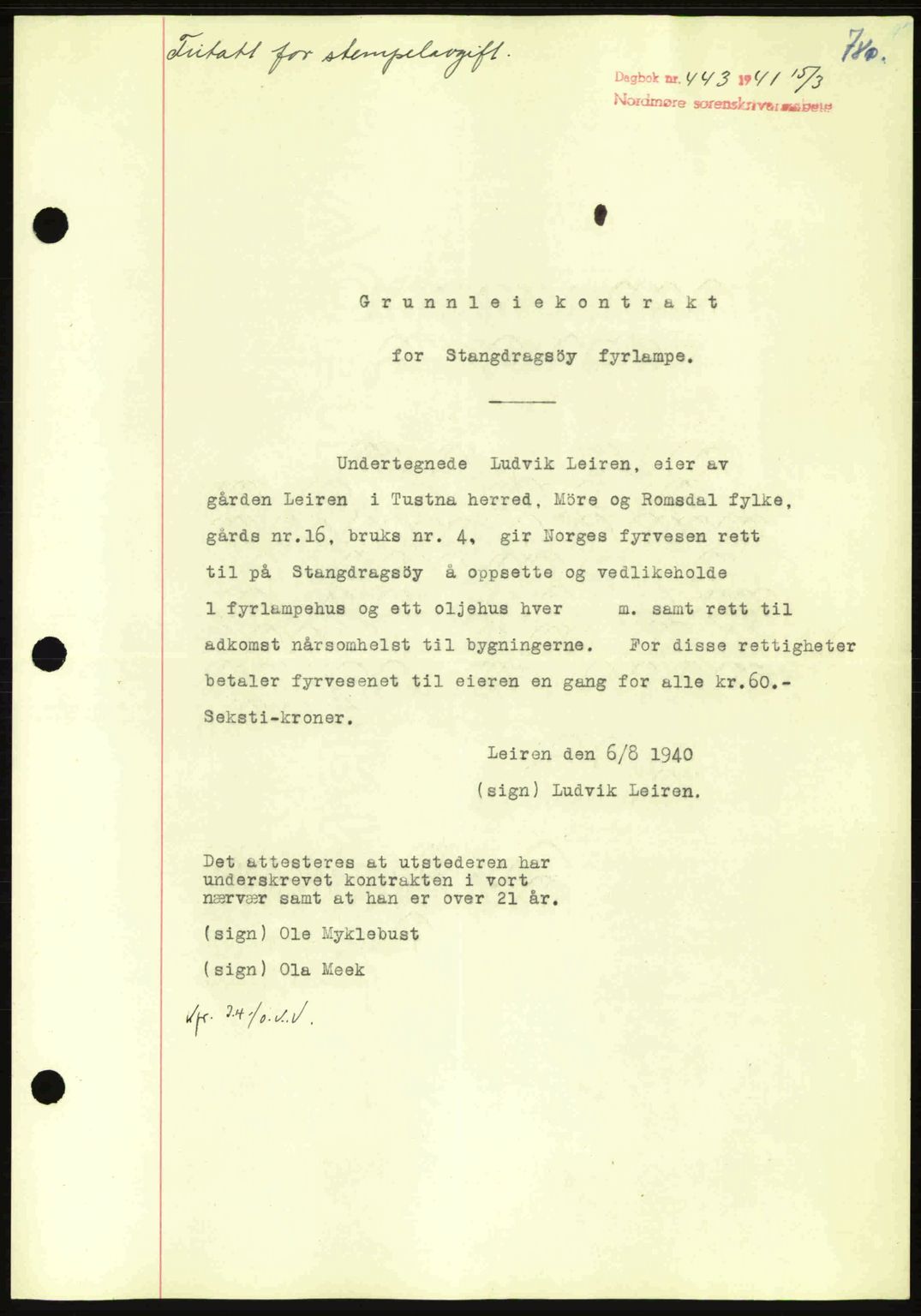 Nordmøre sorenskriveri, SAT/A-4132/1/2/2Ca: Mortgage book no. A89, 1940-1941, Diary no: : 443/1941