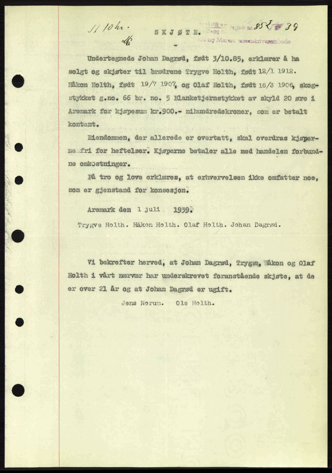 Idd og Marker sorenskriveri, AV/SAO-A-10283/G/Gb/Gbb/L0003: Mortgage book no. A3, 1938-1939, Diary no: : 852/1939