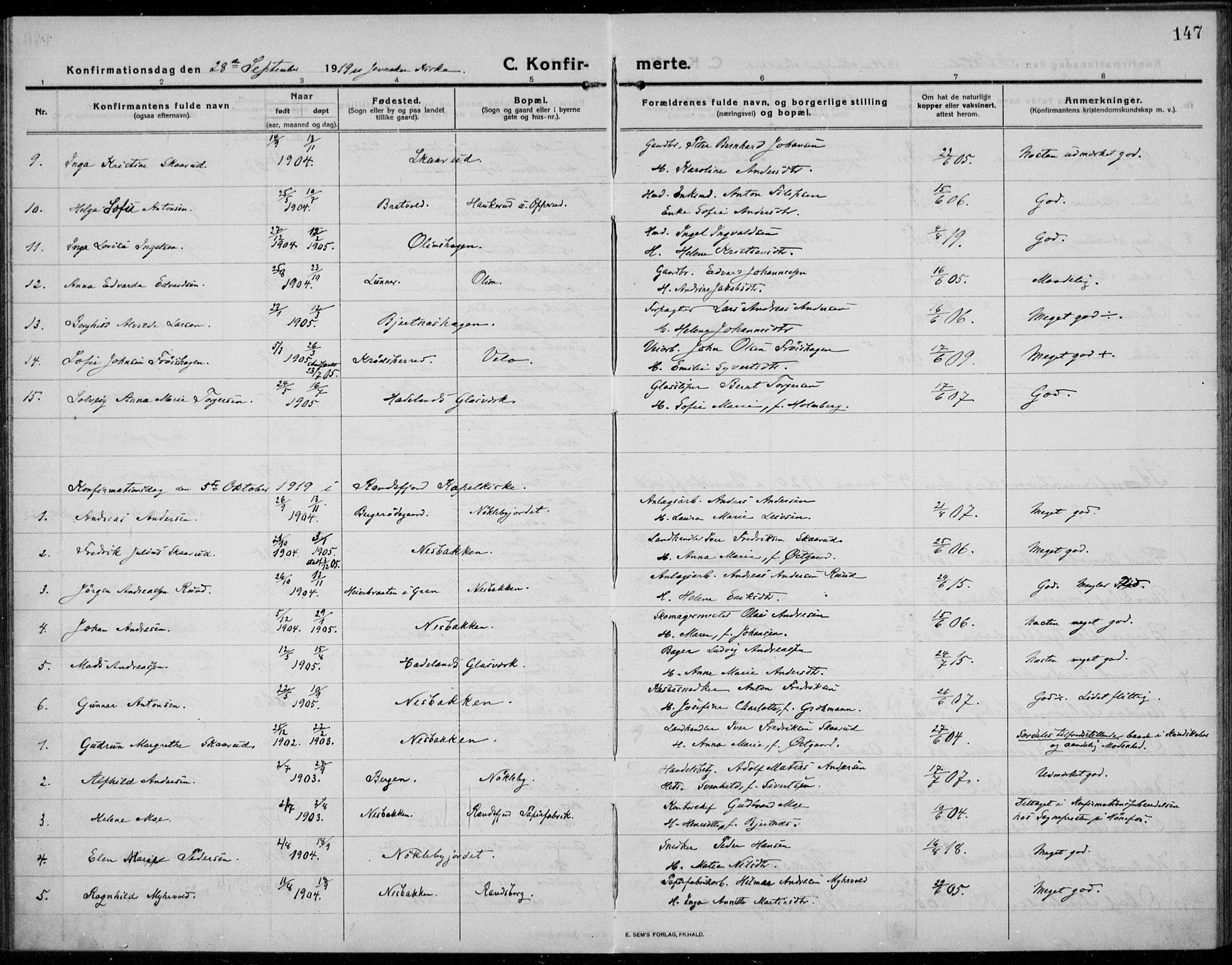 Jevnaker prestekontor, SAH/PREST-116/H/Ha/Haa/L0012: Parish register (official) no. 12, 1914-1924, p. 147