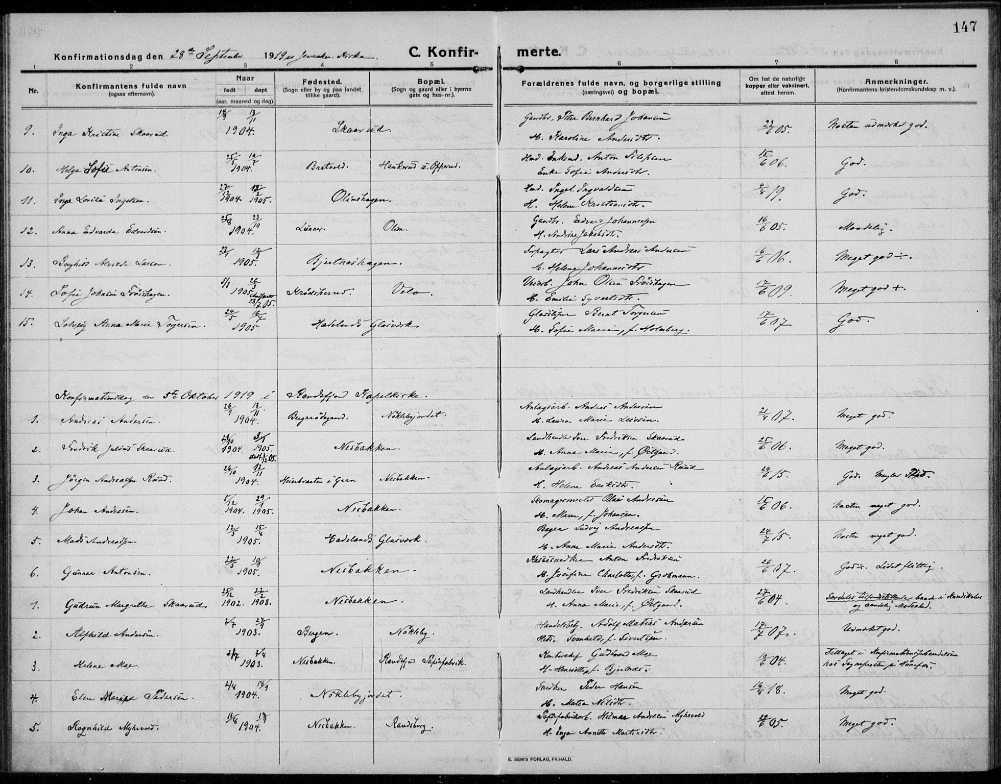 Jevnaker prestekontor, AV/SAH-PREST-116/H/Ha/Haa/L0012: Parish register (official) no. 12, 1914-1924, p. 147