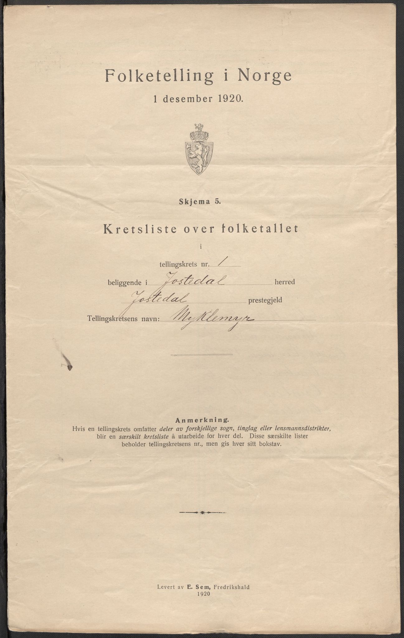 SAB, 1920 census for Jostedal, 1920, p. 4