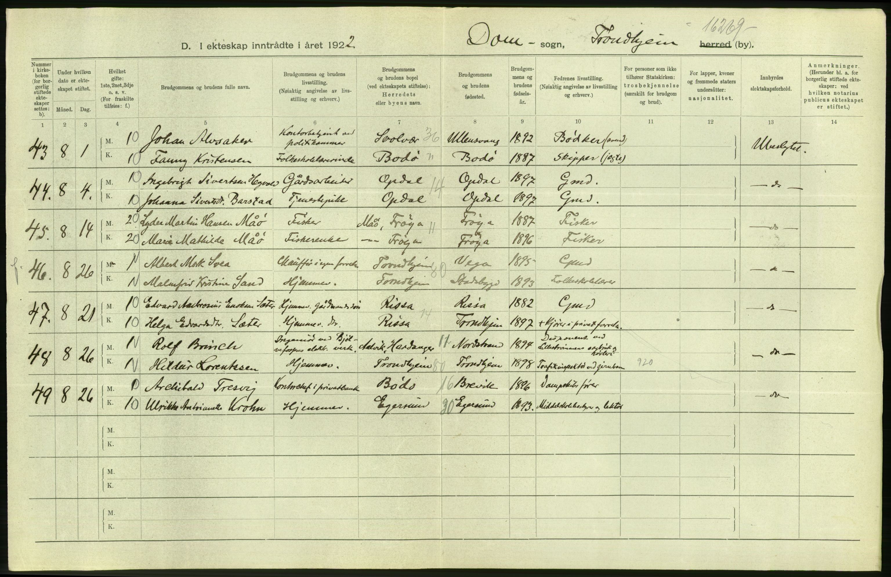 Statistisk sentralbyrå, Sosiodemografiske emner, Befolkning, AV/RA-S-2228/D/Df/Dfc/Dfcb/L0040: Trondheim: Gifte, døde, dødfødte., 1922, p. 66