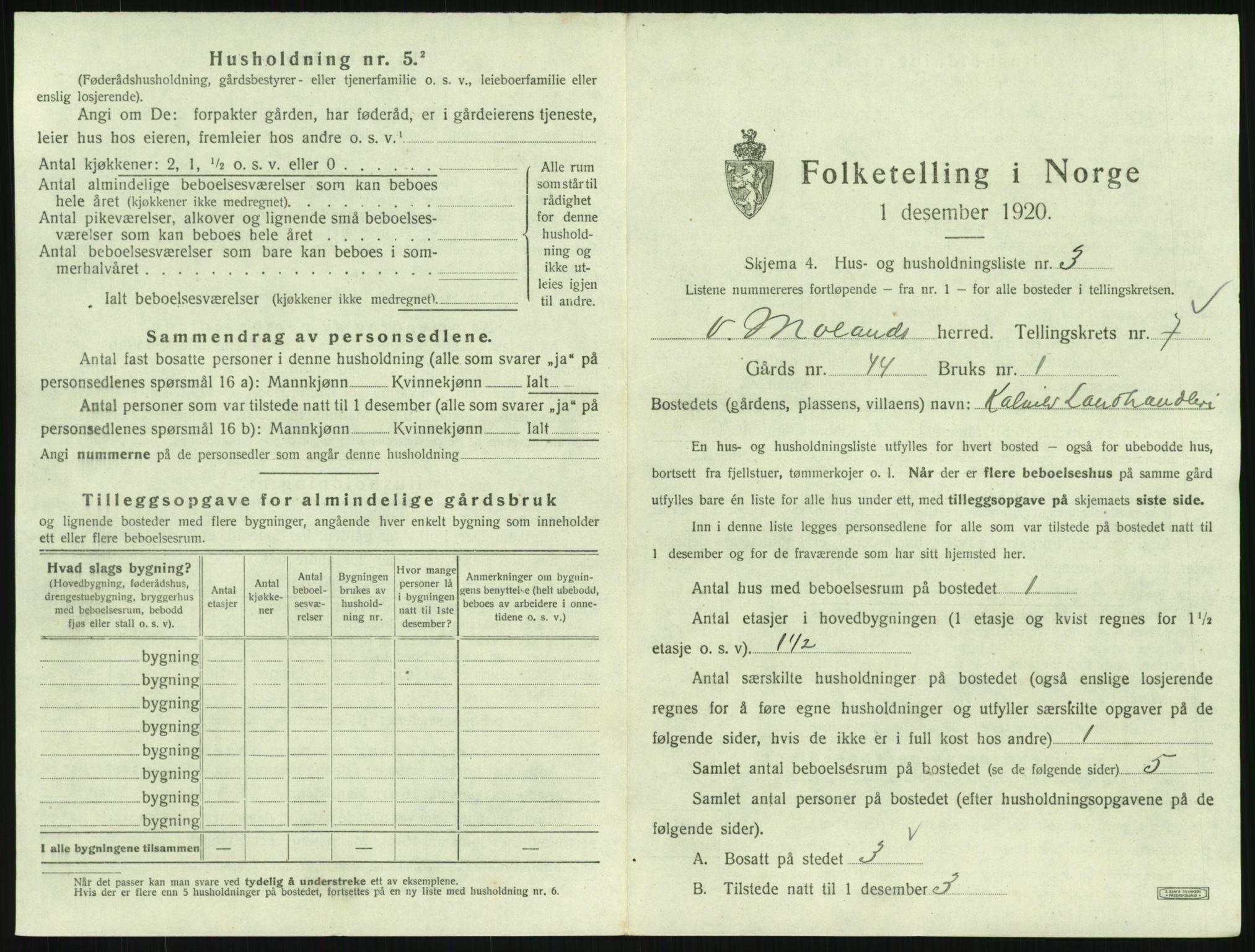 SAK, 1920 census for Vestre Moland, 1920, p. 871