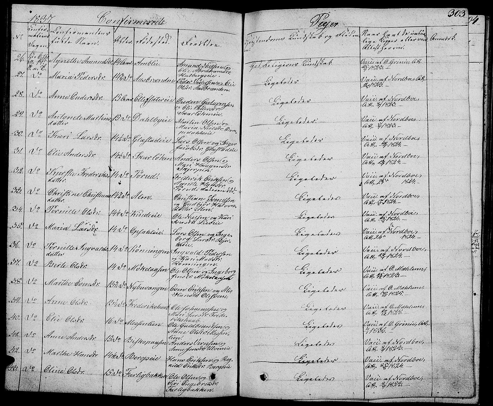 Ringsaker prestekontor, AV/SAH-PREST-014/L/La/L0004: Parish register (copy) no. 4, 1827-1838, p. 303