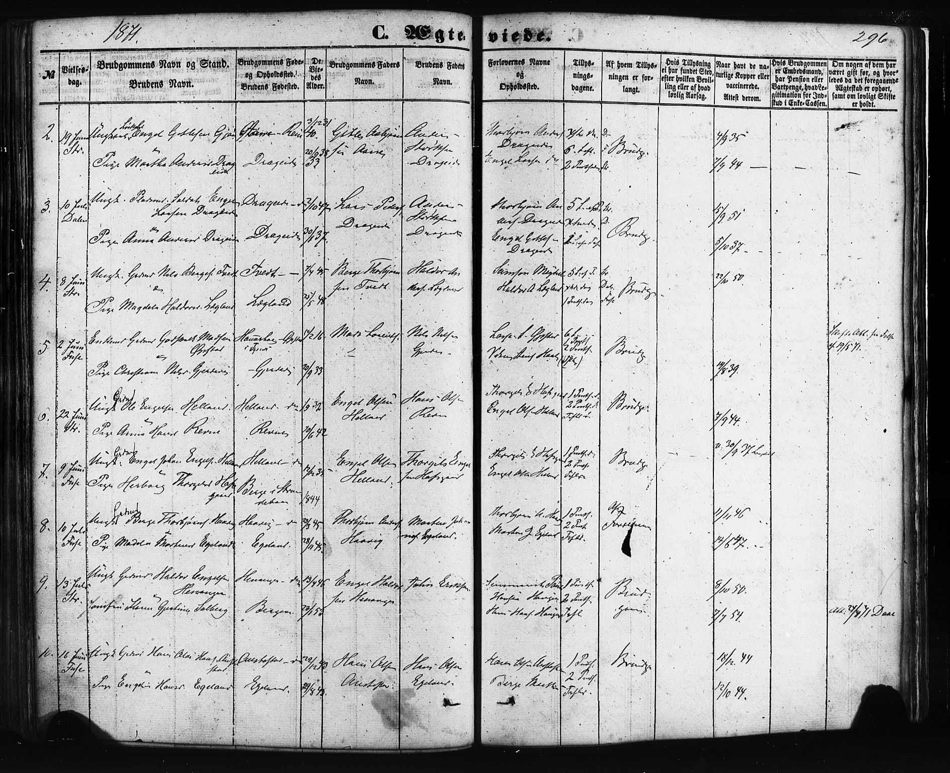 Fusa sokneprestembete, AV/SAB-A-75401/H/Haa: Parish register (official) no. A 1I, 1855-1879, p. 296