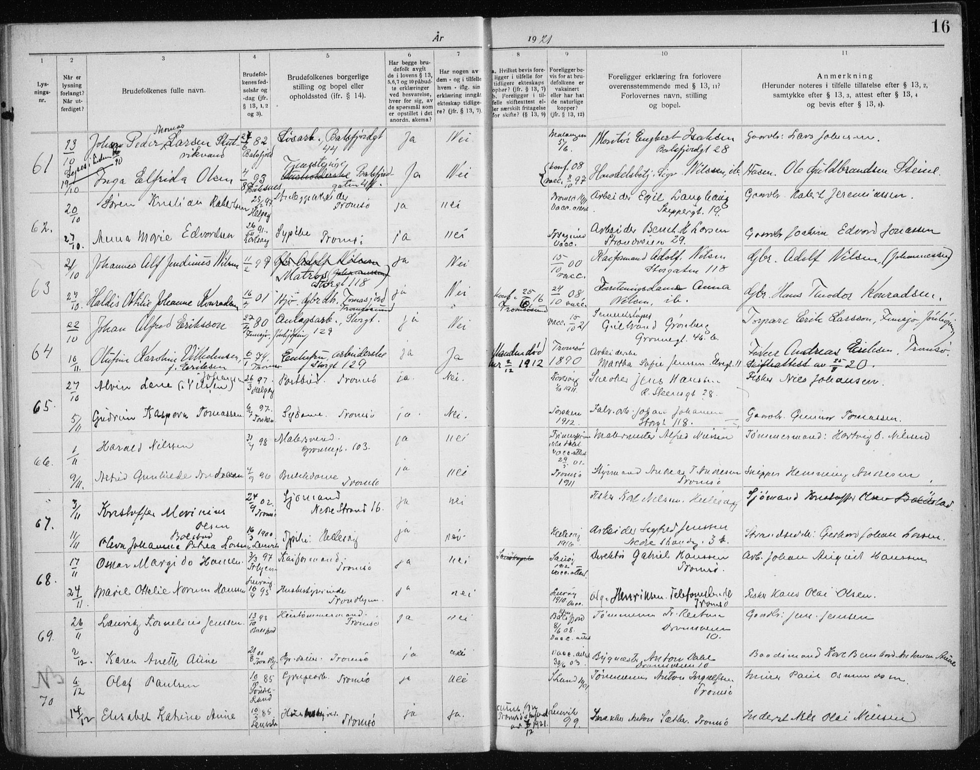 Tromsø sokneprestkontor/stiftsprosti/domprosti, AV/SATØ-S-1343/H/Hc/L0100: Banns register no. 100, 1919-1933, p. 16