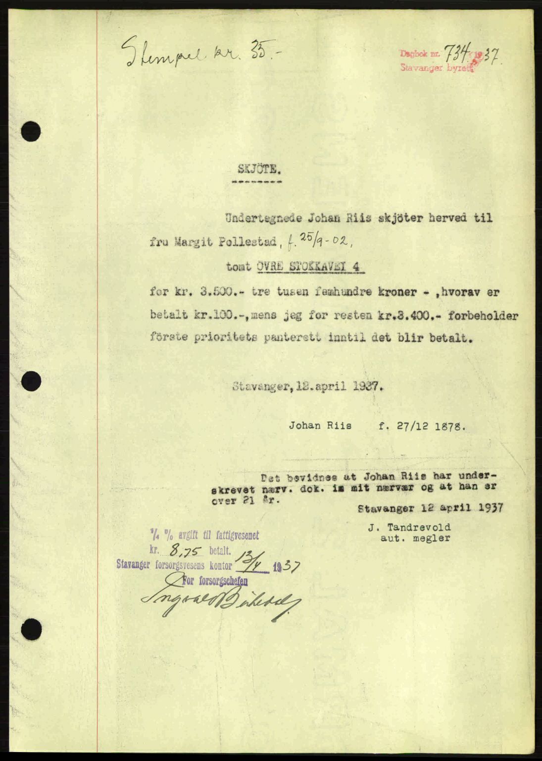 Stavanger byrett, SAST/A-100455/002/G/Gb/L0012: Mortgage book no. A2, 1936-1937, Diary no: : 734/1937