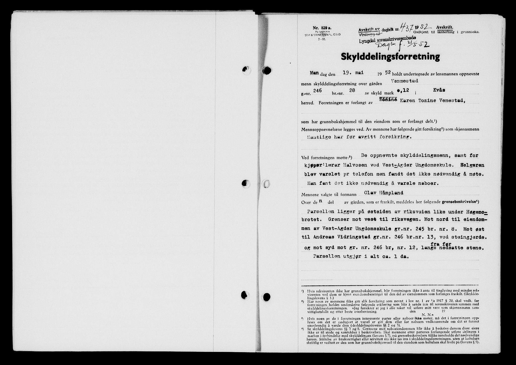 Lyngdal sorenskriveri, AV/SAK-1221-0004/G/Gb/L0667: Mortgage book no. A XIII, 1951-1952, Diary no: : 437/1952