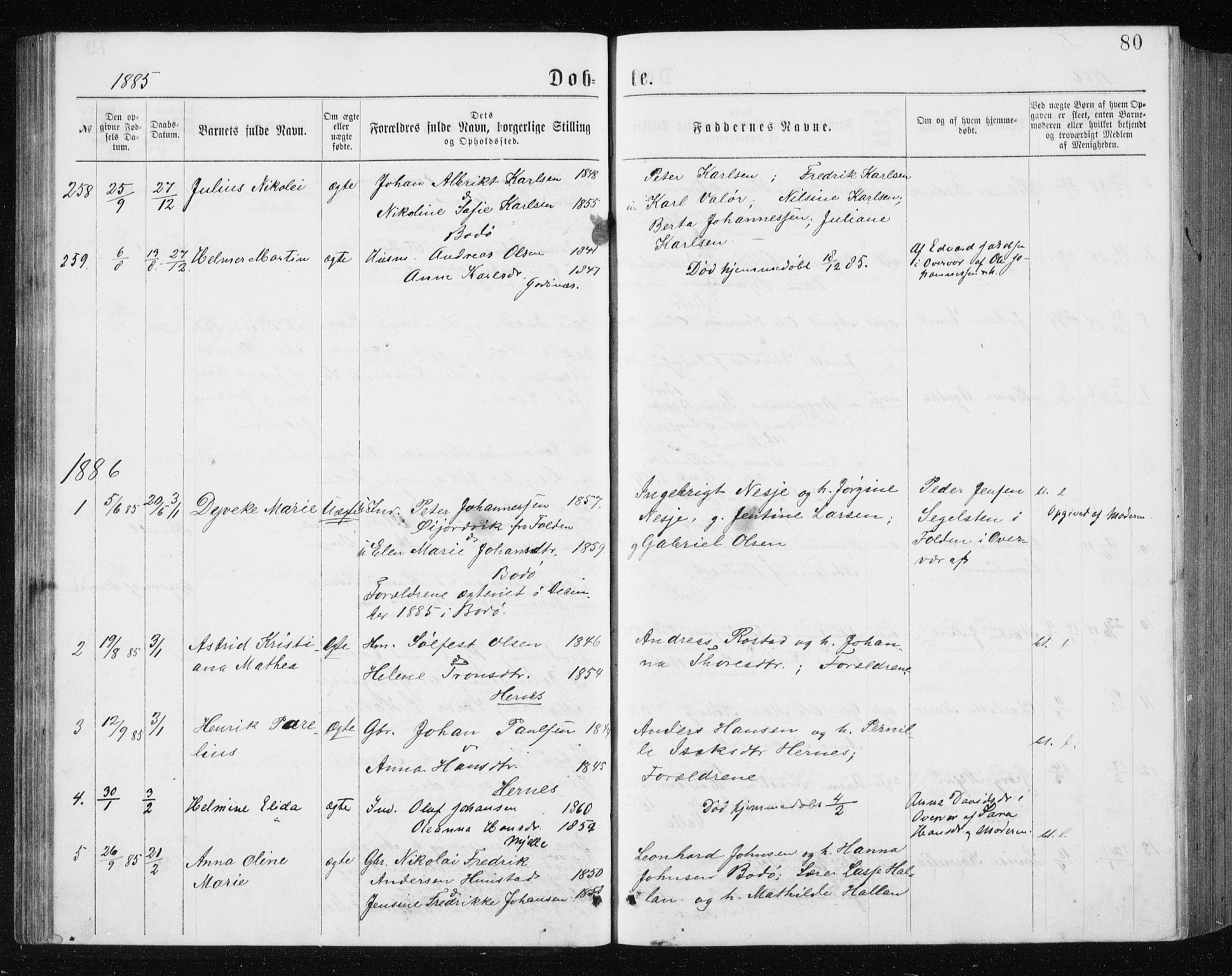 Ministerialprotokoller, klokkerbøker og fødselsregistre - Nordland, SAT/A-1459/801/L0031: Parish register (copy) no. 801C06, 1883-1887, p. 80