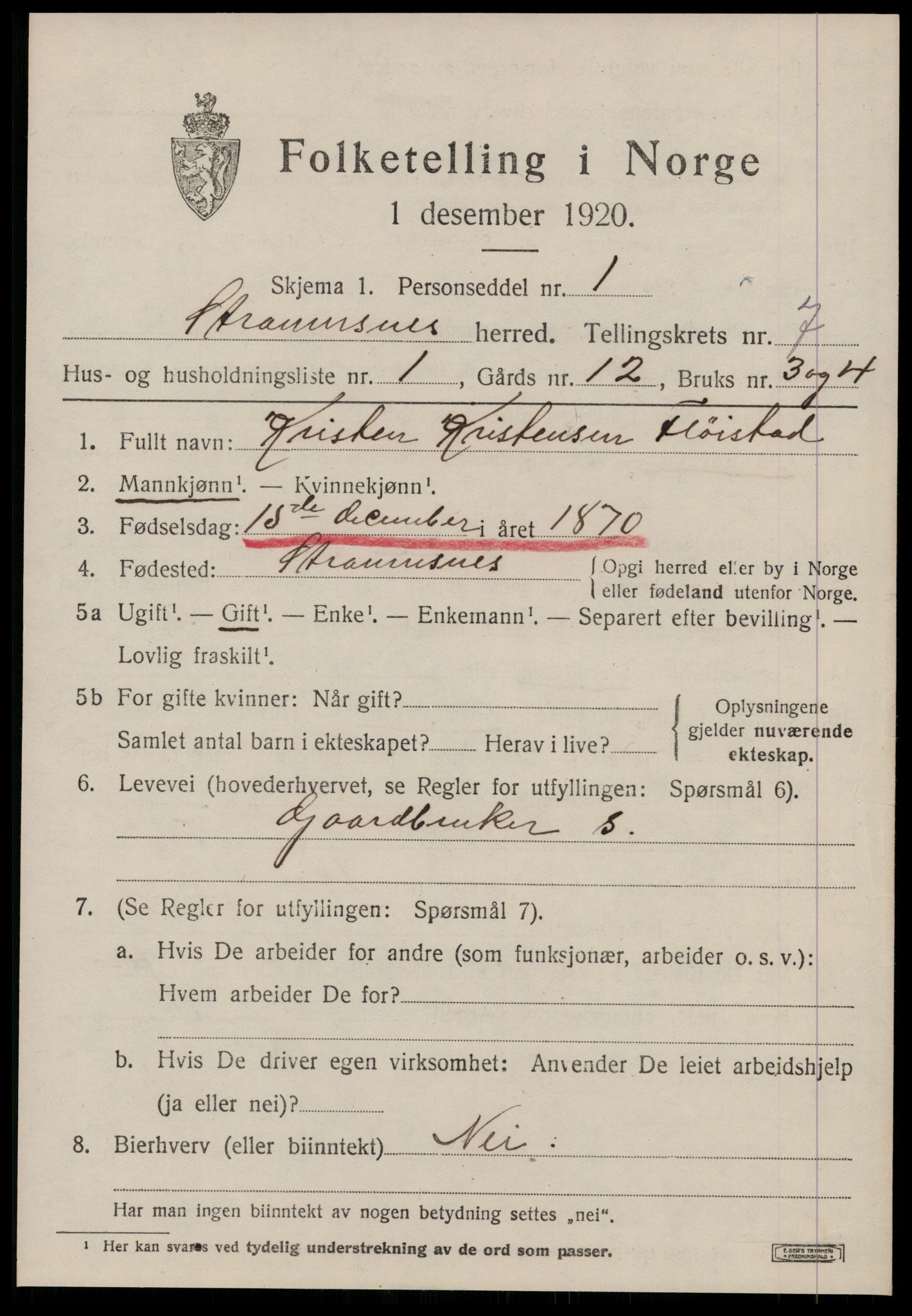 SAT, 1920 census for Straumsnes, 1920, p. 2477