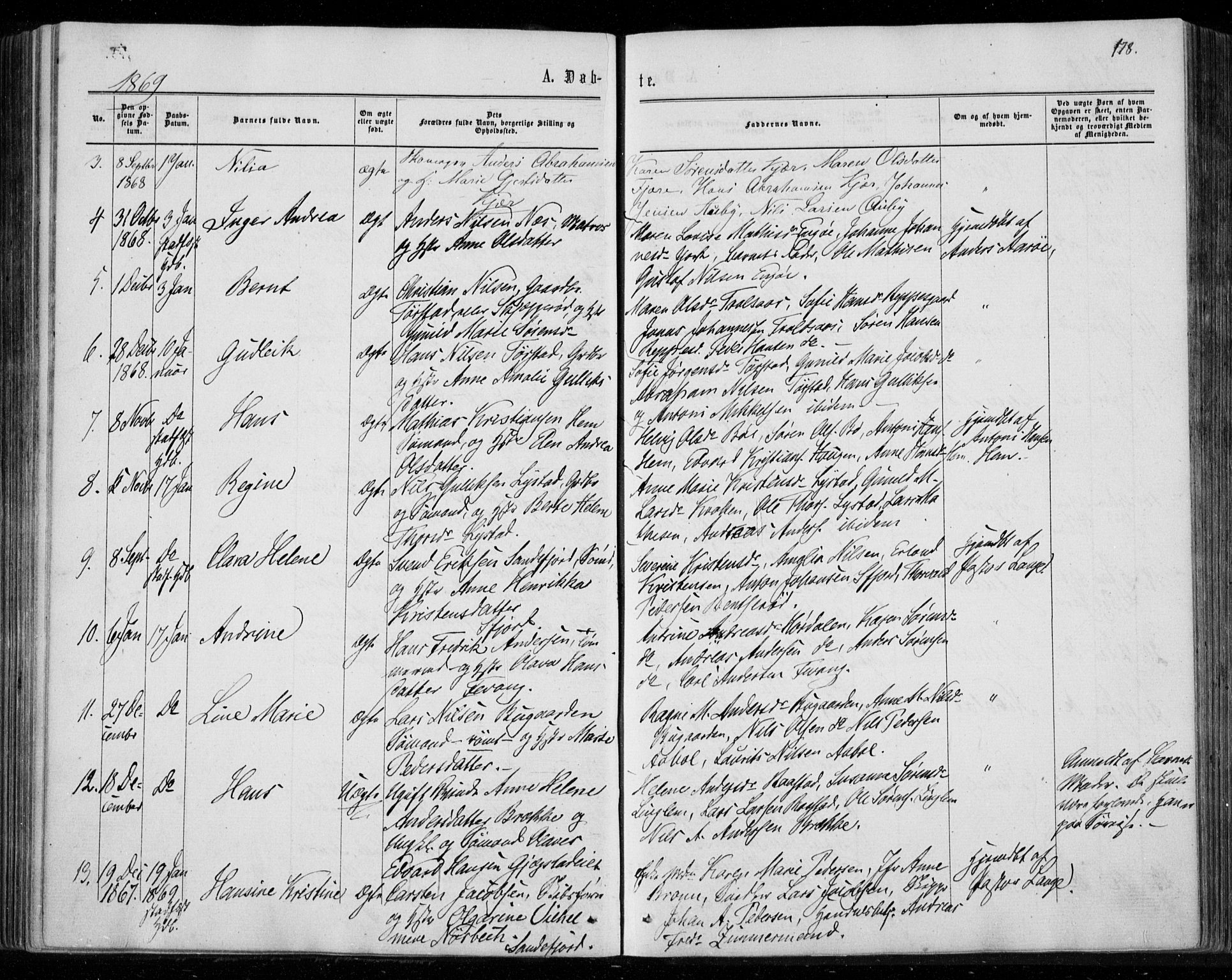 Sandar kirkebøker, SAKO/A-243/F/Fa/L0008: Parish register (official) no. 8, 1862-1871, p. 178