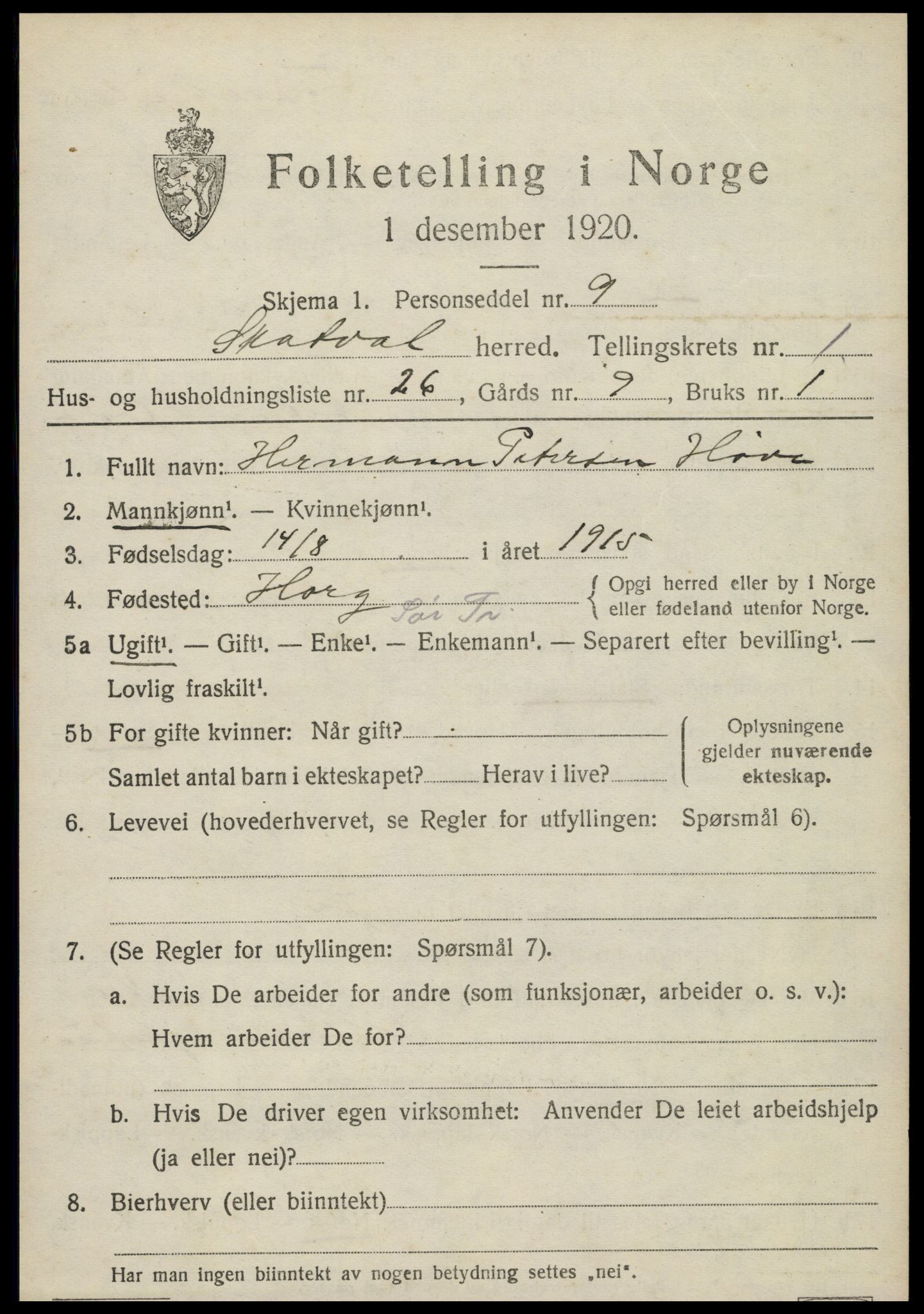 SAT, 1920 census for Skatval, 1920, p. 1037