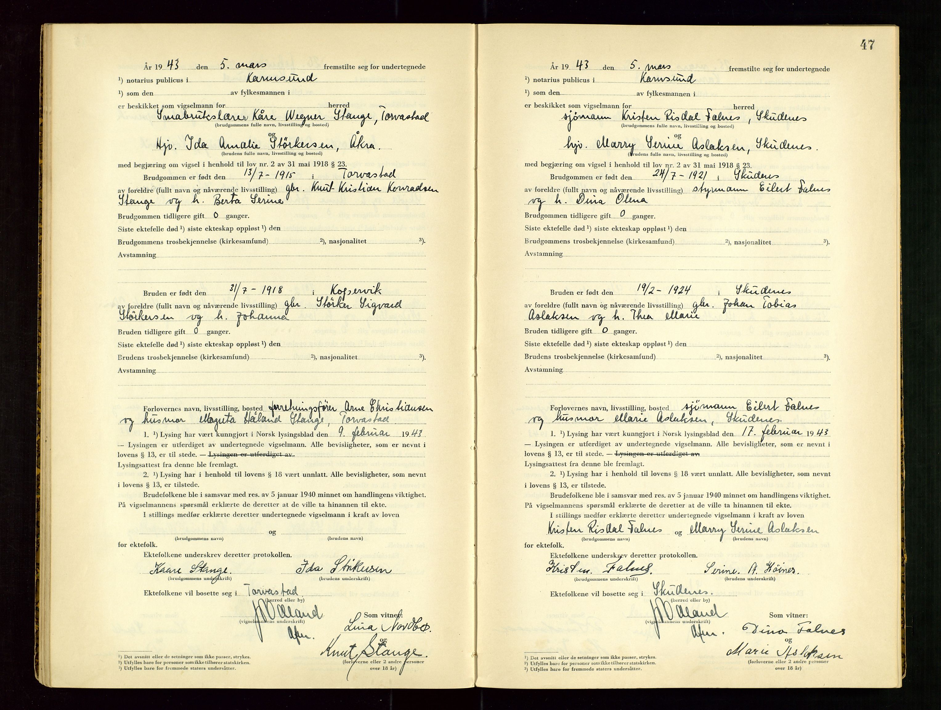 Karmsund sorenskriveri, AV/SAST-A-100311/01/III/IIICBA/L0002: VIGSELSBOK, 1942-1943, p. 47