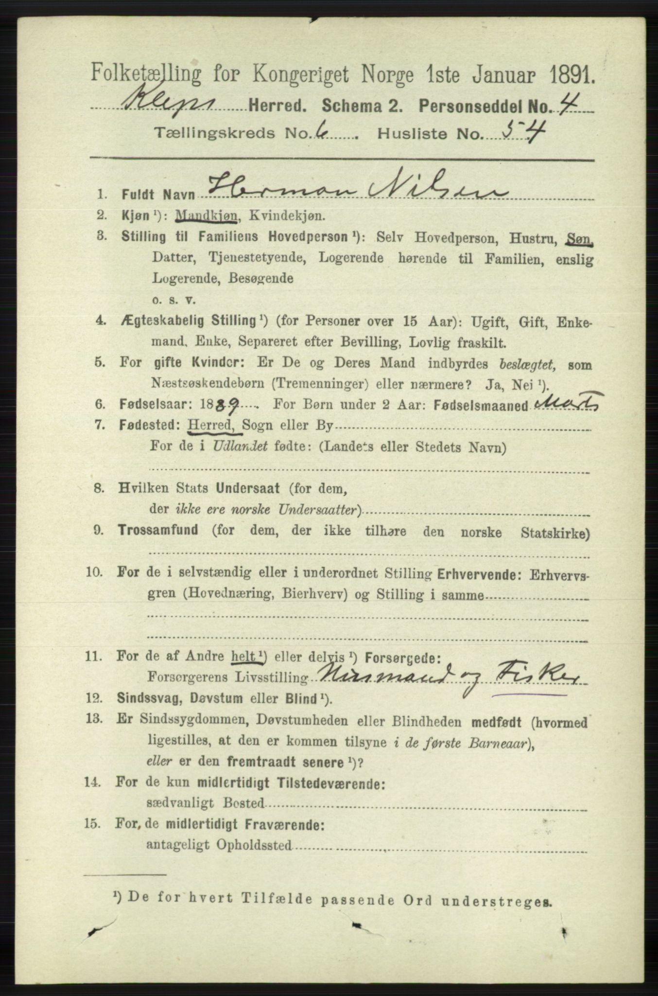 RA, 1891 census for 1120 Klepp, 1891, p. 2052