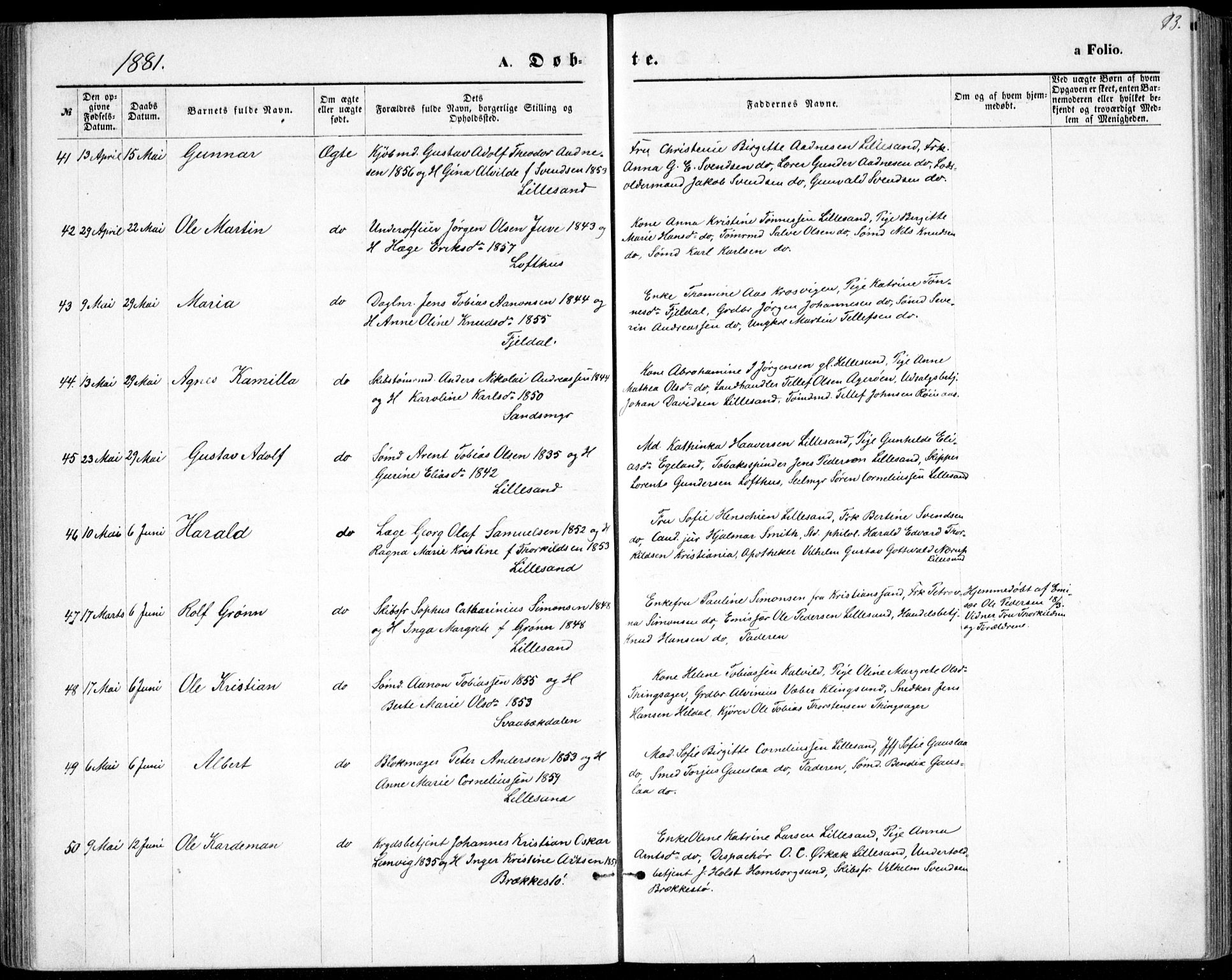 Vestre Moland sokneprestkontor, SAK/1111-0046/F/Fb/Fbb/L0005: Parish register (copy) no. B 5, 1872-1883, p. 93