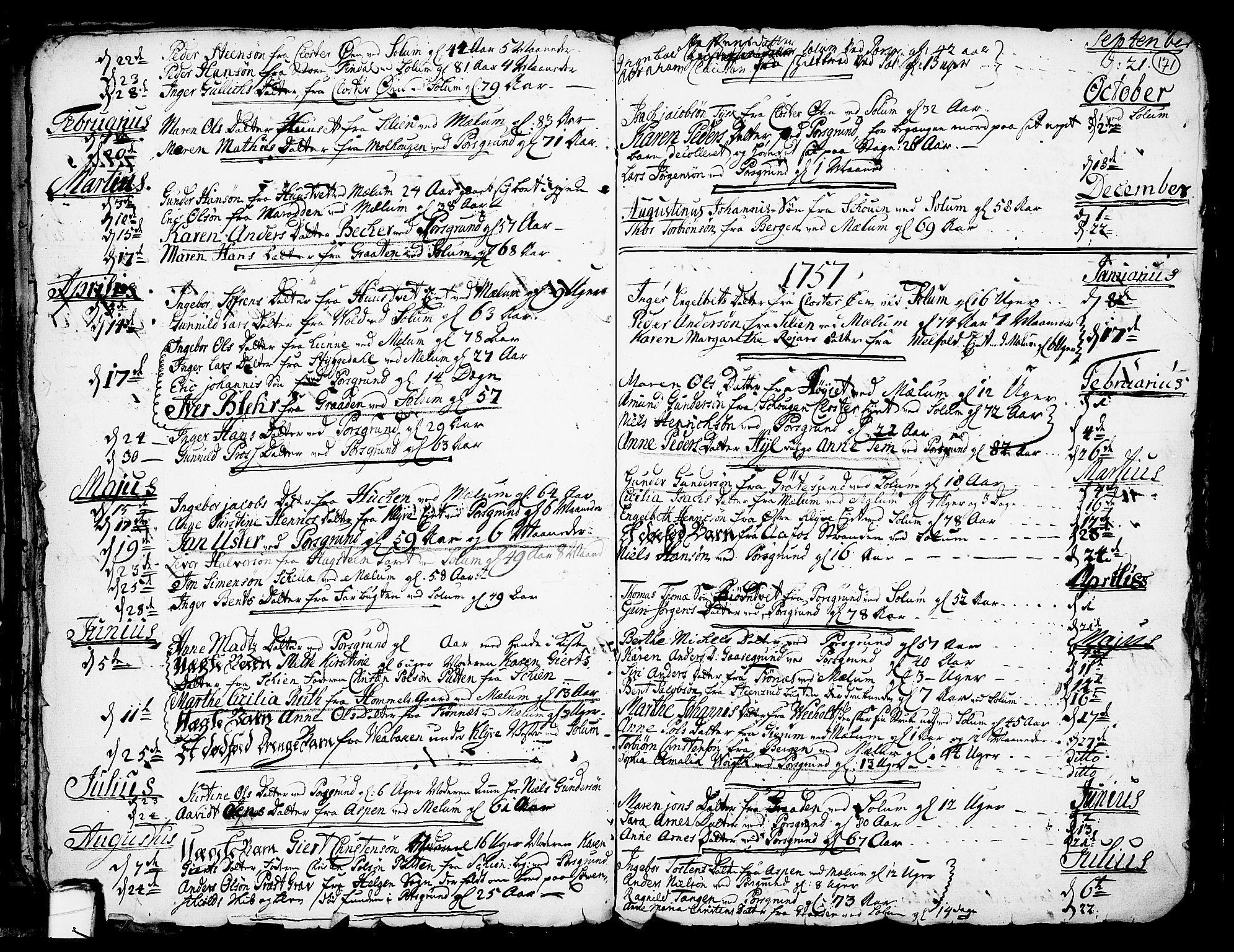 Solum kirkebøker, SAKO/A-306/F/Fa/L0002: Parish register (official) no. I 2, 1713-1761, p. 171