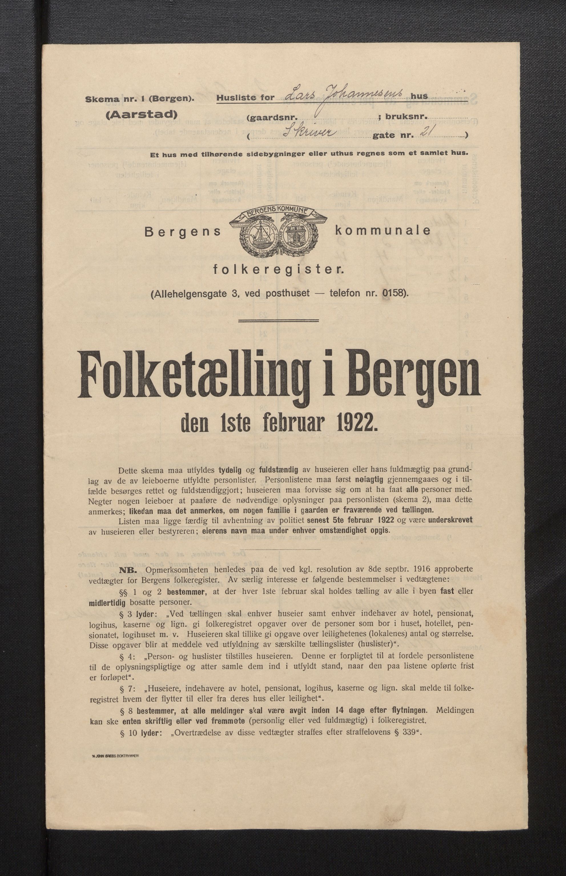 SAB, Municipal Census 1922 for Bergen, 1922, p. 57143