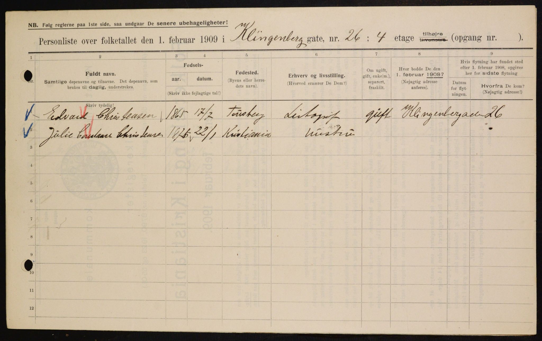 OBA, Municipal Census 1909 for Kristiania, 1909, p. 47744