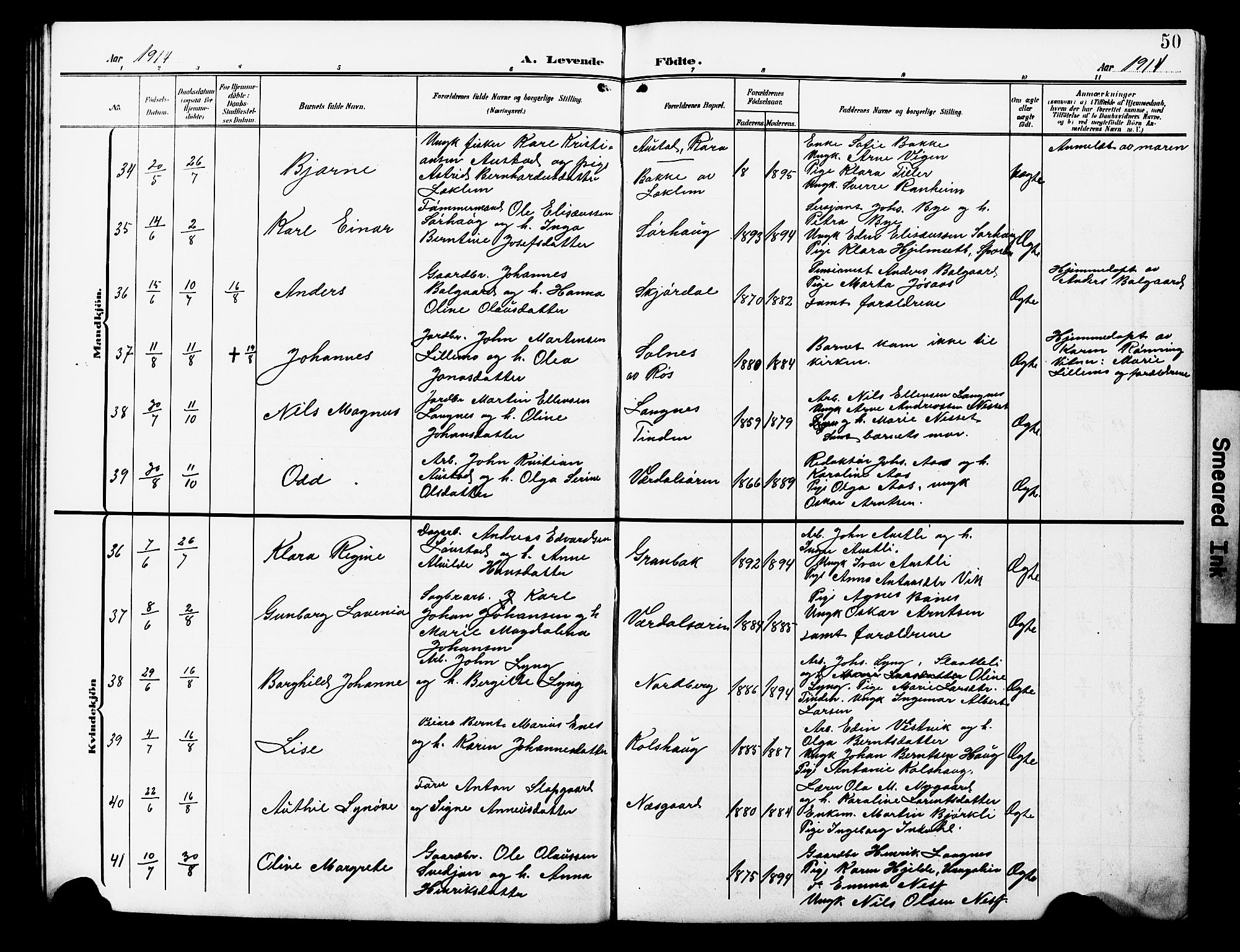 Ministerialprotokoller, klokkerbøker og fødselsregistre - Nord-Trøndelag, AV/SAT-A-1458/723/L0258: Parish register (copy) no. 723C06, 1908-1927, p. 50