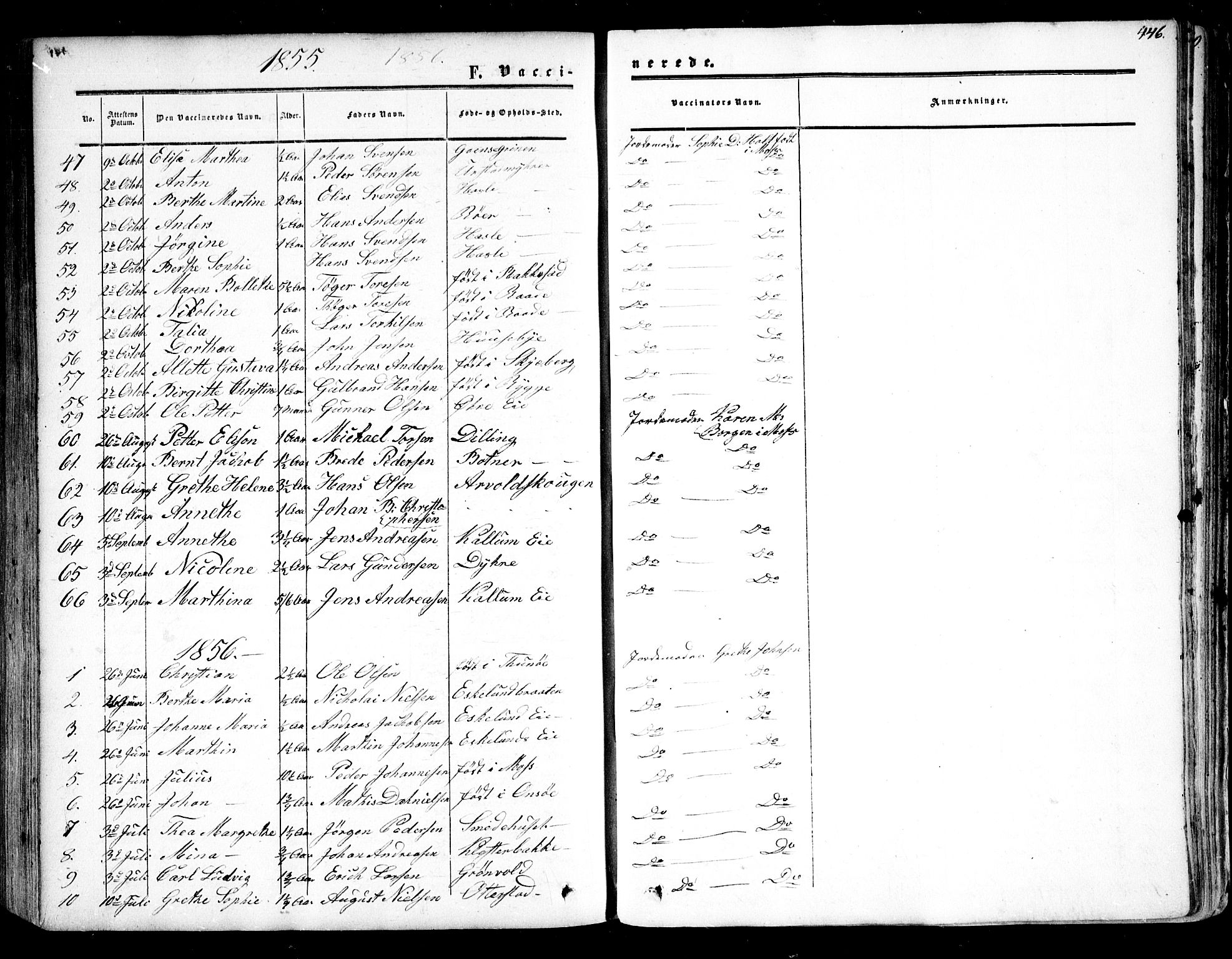 Rygge prestekontor Kirkebøker, AV/SAO-A-10084b/F/Fa/L0005: Parish register (official) no. 5, 1852-1871, p. 446