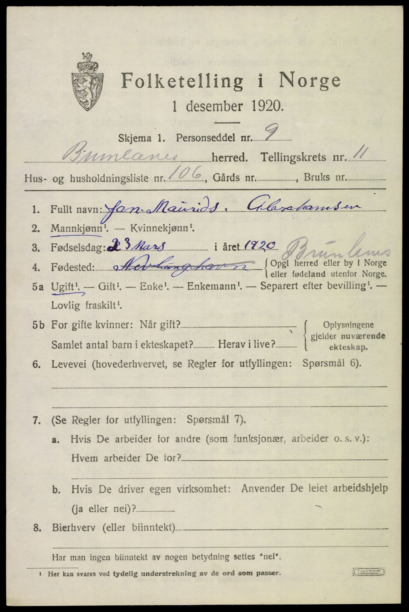 SAKO, 1920 census for Brunlanes, 1920, p. 10501