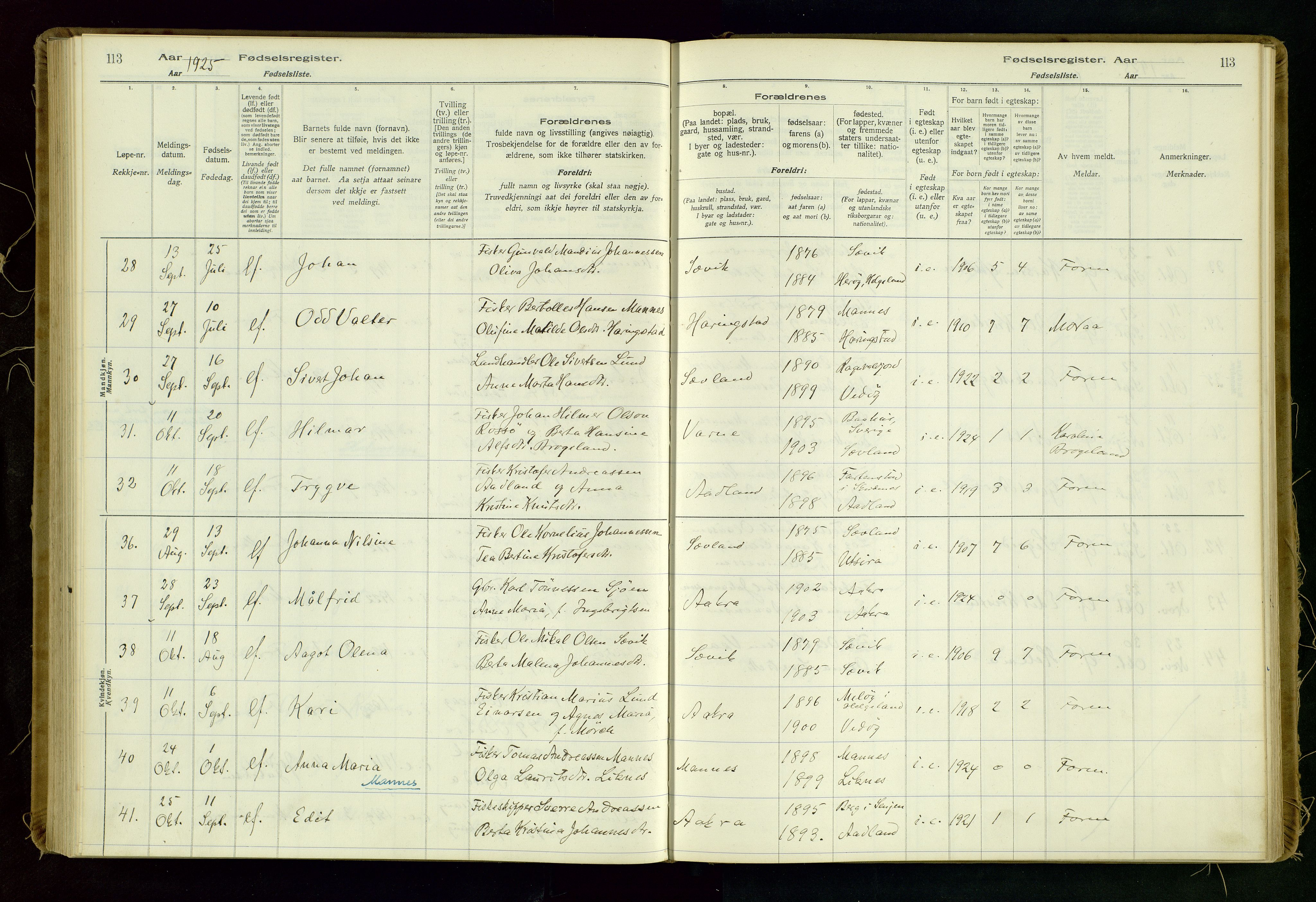 Kopervik sokneprestkontor, AV/SAST-A-101850/I/Id/L0006: Birth register no. 6, 1916-1934, p. 113